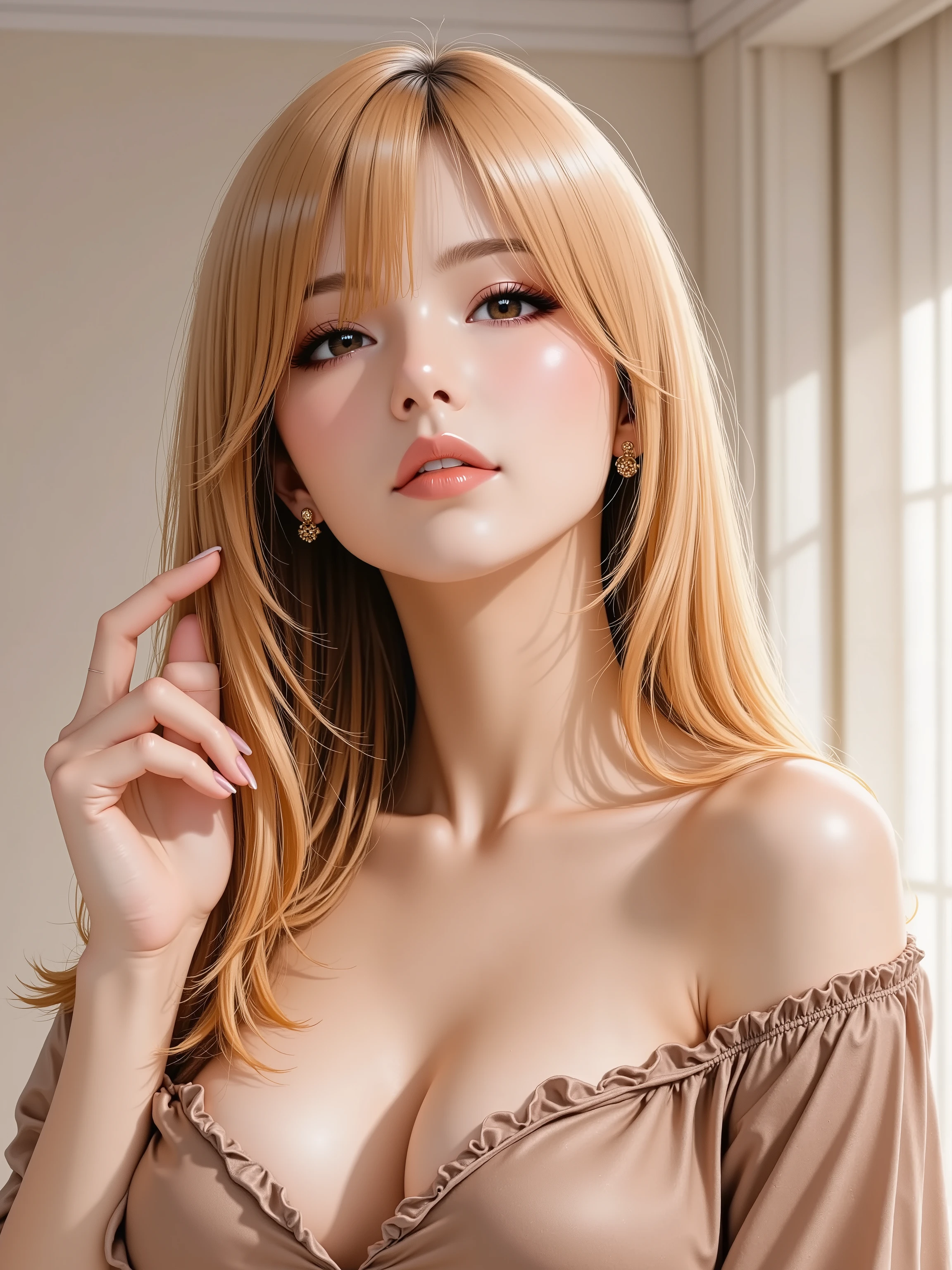 An enchanting solo woman in her 30s, depicted in a sophisticated realistic style. She has lustrous, long golden-blonde hair flowing elegantly with bangs. She wears alluring, refined makeup with defined eyes and glossy nude-pink lips. She has natural and correct , ensuring exactly five fingers on each perfectly rendered hand, all beautifully manicured. She is dressed in a luxurious, off-shoulder silk top that subtly reveals her collarbones. She makes an alluring hand gesture, her manicured fingers delicately tracing or running through a strand of her long blonde hair near her face. She looks directly at the viewer with a confident, mesmerizing gaze and profound mature charm. Shot at eye-level, chest-up portrait.