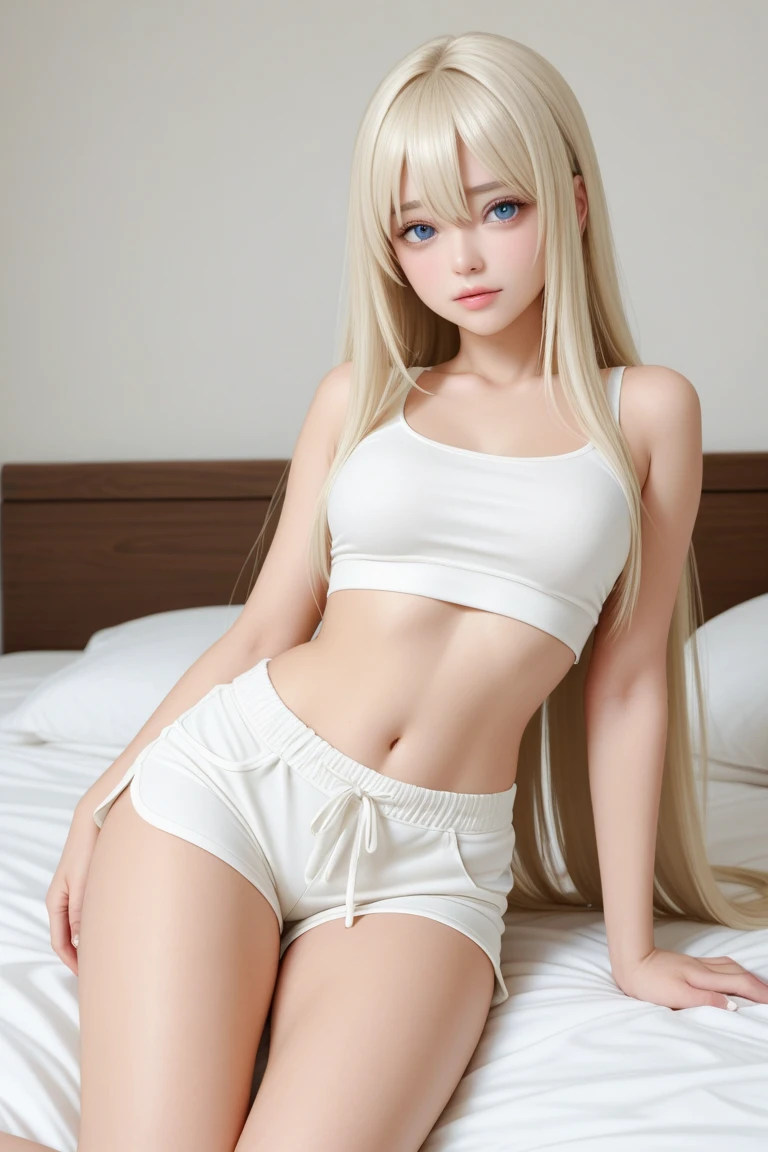 best quality,highres),ultra-detailed,photorealistic, a russian girl, 18 years old, pale skin, extremely detailed face and eyes, bed, bed_sheet, bedroom, belt, blonde_hair, blue_eyes, curtains, denim_shorts, indoors, long_hair, on_bed, shorts, sitting, solo, striped, striped_legwear, thighhighs, twintails, very_long_hair, no_bra, nipples_pink, rating:explicit