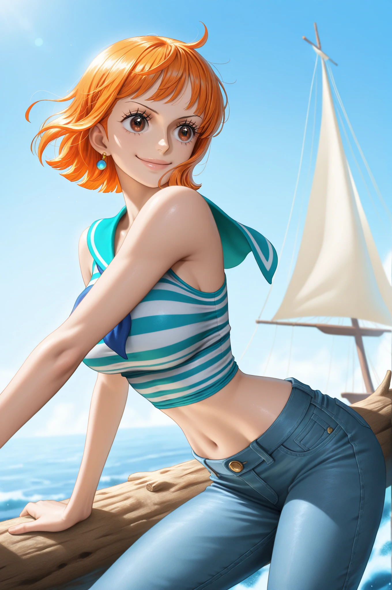 (masterpiece, best quality:1.2), intricate details, nami cosplay, bikini, jeans, light smile, valorantViper, green eyes