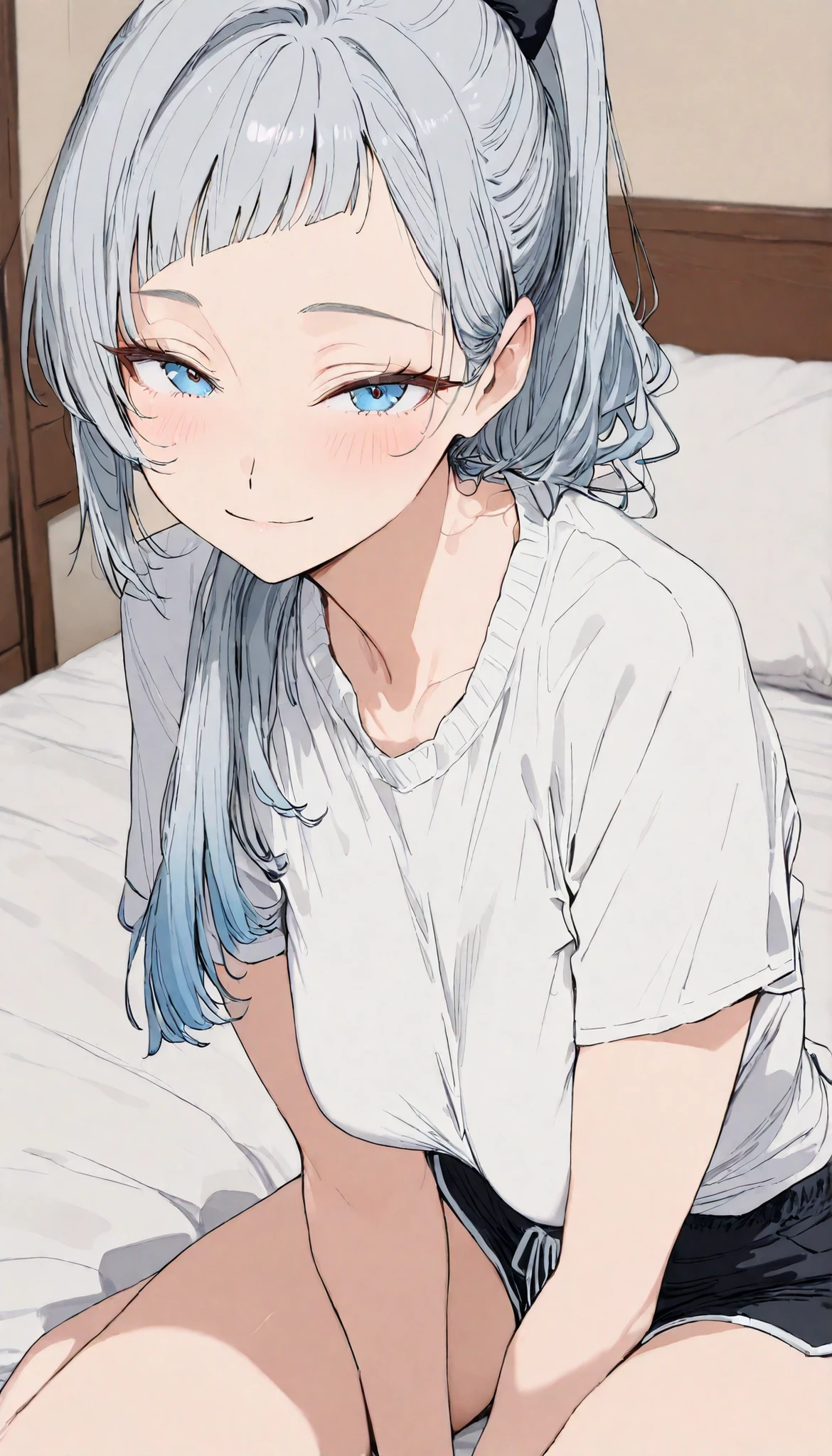 Masterpiece, top quality, very detailed , close-up, anime style, Japanese illustration style, Beautiful mature woman with a perfect body, slim, (silver hairstyle, long layered hair, tousled layers, soft asymmetrical bangs, short bangs, ponytail), blue eyes, large breasts, alone, face, look at viewer. white knitted T-shirt. short sporty running shorts with curved side hems and contrast trim. lightweight fabric, comfortable fit. bed room, sitting on bed, light smile. blush. hanging breasts, bow down.