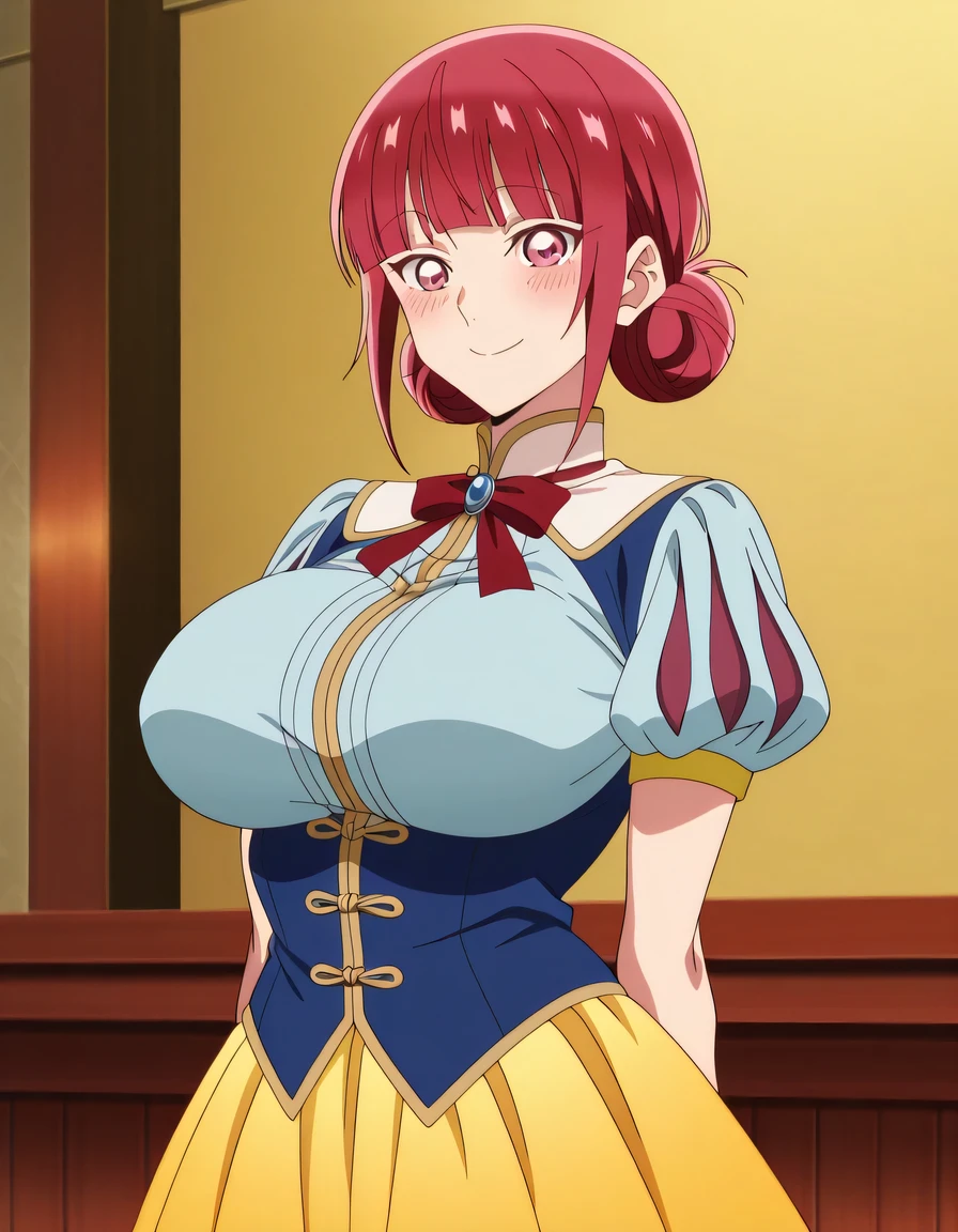 傑作、best quality、best resolution、best image quality、amazing quality、 very aesthetic、 absurdres、anime coloring、anime screencap、anime screenshot、1girl、<lora:hina-chouno-alpha-ponyxl-lora-nochekaiser:1>、hina chouno、short hair、pink hair、pink eyes、bangs、blunt bangs、sidelocks、hair bun、double hair bun、covered breasts、big breasts、covered boobs、large boobs、mature girl、<lora:snow-white-cosplay-illustriousxl-lora-nochekaiser:1>、snow white cosplay、snow white (disney) (cosplay)、cosplay、dress、red hair bow、puff and slash sleeves、puffy short sleeves、puffy sleeves、red bow、light blue short sleeves、yellow skirt、navy blue dress、stage、stage set、standing、indoors、smile、blush、looking at viewer、cowboy shot、dutch angle、