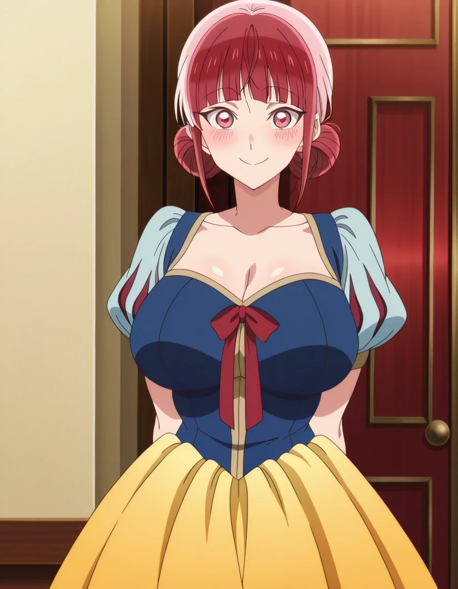 傑作、best quality、best resolution、best image quality、amazing quality、 very aesthetic、 absurdres、anime coloring、anime screencap、anime screenshot、1girl、<lora:hina-chouno-alpha-ponyxl-lora-nochekaiser:1>、hina chouno、short hair、pink hair、pink eyes、bangs、blunt bangs、sidelocks、hair bun、double hair bun、covered breasts、big breasts、covered boobs、large boobs、mature girl、<lora:snow-white-cosplay-illustriousxl-lora-nochekaiser:1>、snow white cosplay、snow white (disney) (cosplay)、cosplay、dress、red hair bow、puff and slash sleeves、puffy short sleeves、puffy sleeves、red bow、light blue short sleeves、yellow skirt、navy blue dress、stage、stage set、standing、indoors、smile、blush、looking at viewer、cowboy shot、dutch angle、