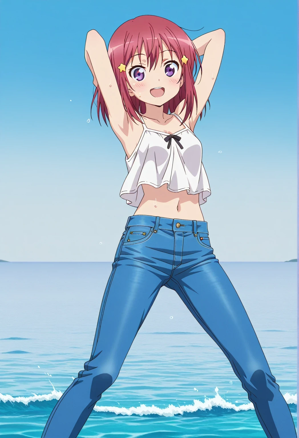 score_9, score_8_up, score_7_up, source_anime, highres, hi res, ((best quality, top quality, perfect quality, Highest Quality, amazing quality)), {{masterpiece}}, {{an extremely delicate and beautiful}}, 2d, intricate details, official style, anime, 8k, anime style, official_anime, official art, digital painting, cell shading, soft shading, high resolution, soothing tones, Subdued Color, Soft cinematic light, adobe lightroom, photolab, HDR, intricately and hyper-detailed, ((high quality animation)), 1 girl, Alone, solo, ((ocean)), tsunami, on the water, day, sunny, outdoors, sky, windy, Kanzaki Tomoyo, Inou Battle wa Nichijou-kei no Naka de, purple eyes, red hair, medium hair, anime coloring, anime screencap, small , white camisole top, crop top, white crop top, best quality, hyper-detailed jeans, ((blue jeans:1.9)), (dark blue jeans:0.6), full medium body, medium shot, Open mouth, smiling, happy face, blush, sweat, standing, ((arms behind head:6.0)), ((perfect arm line:2.5)), bowlegged, jumping pose, action, looking at viewer, , Bend knees slightly, straight-on front view