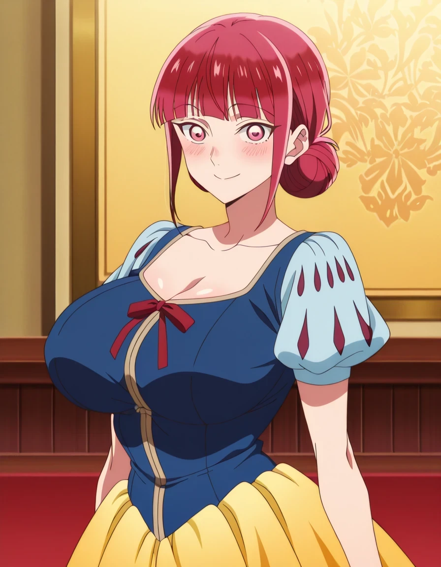 傑作、best quality、best resolution、best image quality、amazing quality、 very aesthetic、 absurdres、anime coloring、anime screencap、anime screenshot、1girl、<lora:hina-chouno-alpha-ponyxl-lora-nochekaiser:1>、hina chouno、short hair、pink hair、pink eyes、bangs、blunt bangs、sidelocks、hair bun、double hair bun、covered breasts、big breasts、covered boobs、large boobs、collarbone、mature girl、<lora:snow-white-cosplay-illustriousxl-lora-nochekaiser:1>、snow white cosplay、snow white (disney) (cosplay)、cosplay、dress、red hair bow、puff and slash sleeves、puffy short sleeves、puffy sleeves、red bow、light blue short sleeves、yellow skirt、navy blue dress、stage、stage set、standing、indoors、smile、blush、looking at viewer、cowboy shot、dutch angle、