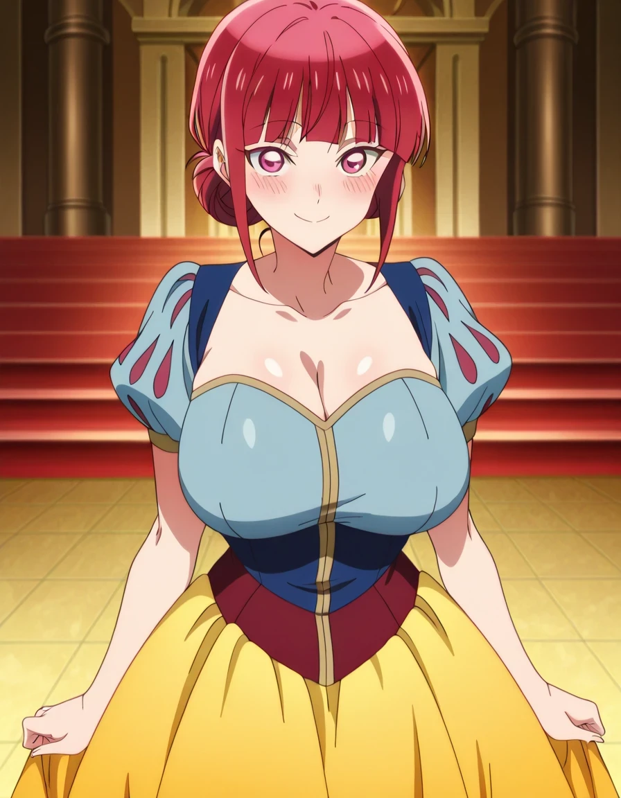 傑作、best quality、best resolution、best image quality、amazing quality、 very aesthetic、 absurdres、anime coloring、anime screencap、anime screenshot、1girl、<lora:hina-chouno-alpha-ponyxl-lora-nochekaiser:1>、hina chouno、short hair、pink hair、pink eyes、bangs、blunt bangs、sidelocks、hair bun、double hair bun、covered breasts、big breasts、covered boobs、large boobs、mature girl、<lora:snow-white-cosplay-illustriousxl-lora-nochekaiser:1>、snow white cosplay、snow white (disney) (cosplay)、cosplay、dress、red hair bow、puff and slash sleeves、puffy short sleeves、puffy sleeves、collarless、red bow、light blue short sleeves、yellow skirt、navy blue dress、stage、stage set、standing、indoors、smile、blush、looking at viewer、cowboy shot、dutch angle、