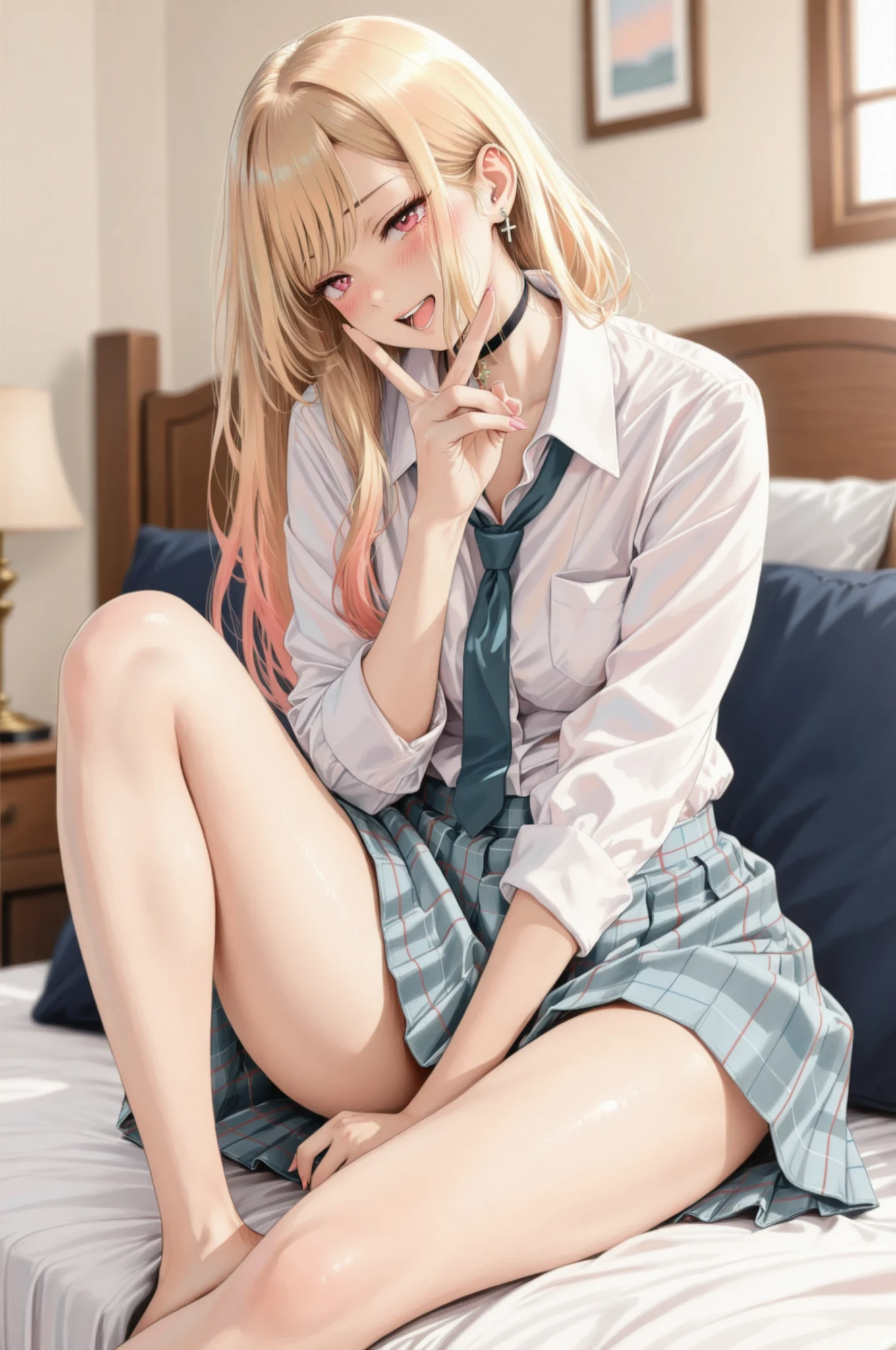 1 Girl, bedroom background:1.4, solo, ((Blush:1.4, open my mouth slightly )), marin kitagawa, Blonde, Long Hair , ((shirt, necktie, Plaid Skirt, thighs, Beautiful skin:1.2)), 4 fingers, ((Cross-legged, v:1.4)), bed, sheets, cushions, bedの上の風景, Notice the light and shadow in every detail, blurred background, (Highest Quality:1.2, 4K, 8k, very detailed, attention to detail, masterpiece:1.2, Ultimate aesthetics),