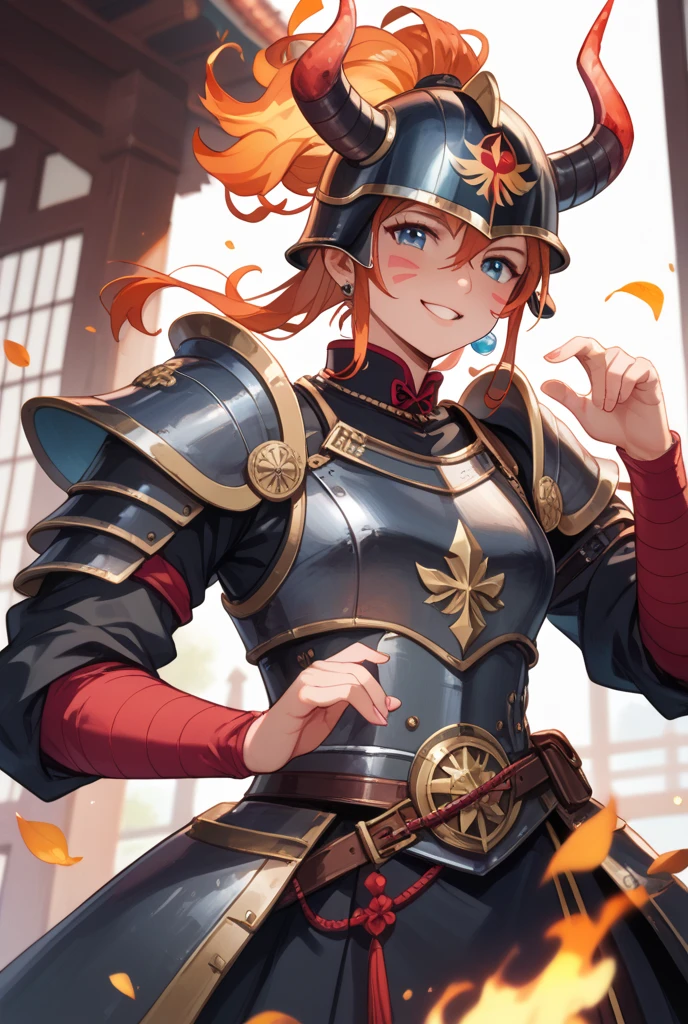 1 girl、one person、skinny body shape、orange clothes、orange hair、beautiful green eyes、intense joy on the face、white uniform with golden decorations、upper body close-up, style of Chun-li clothes