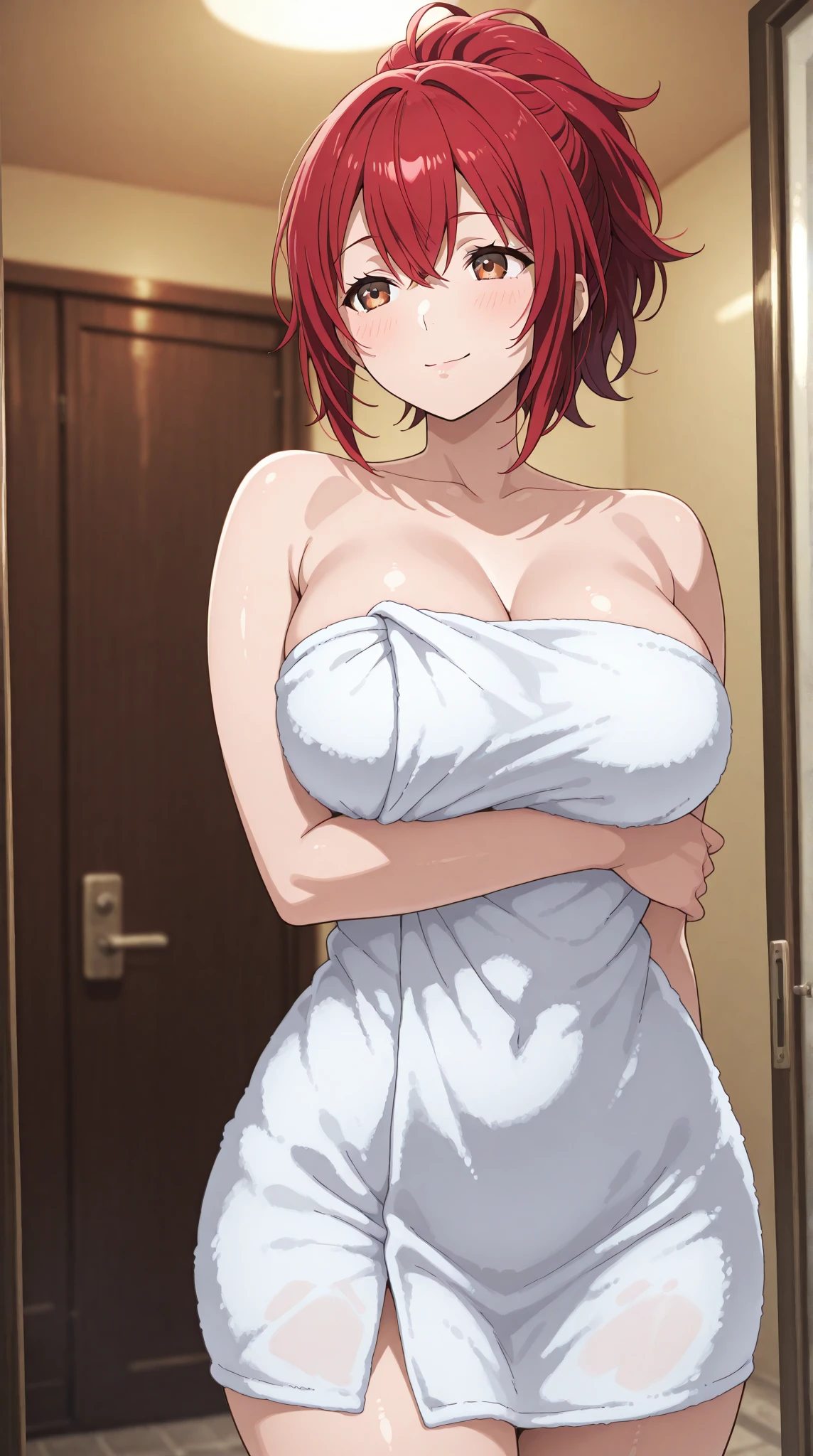 score_9, score_8_up, score_7_up, ASCII masterpiece, source_anime, BREAK, 1girl, solo, (( <lora:dorothea:1> , dorothea, short woman, very thin waist, thin , beautiful tanned skin, beautiful red hair, clear eyes, piercing orange eyes, bright pupils, beautiful eyes, small , beauty, extraordinary beautiful girl, attractive girl, super ,  body,  with   body, sensual body, voluptuous body, hair between eyes, )) ,  ((  cleavage, oversized transparent white t-shirt, , )),  pose, cowboy shot, seducative smile, , hands behind head, erected , inside hotel room, morning lights, long hair