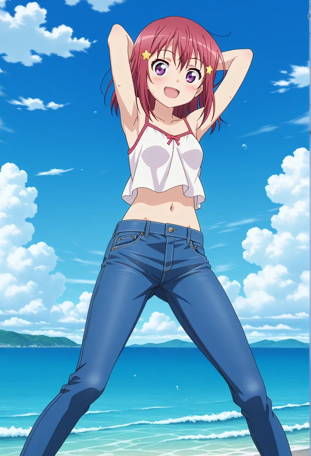 score_9, score_8_up, score_7_up, source_anime, highres, hi res, ((best quality, top quality, perfect quality, Highest Quality, amazing quality)), {{masterpiece}}, {{an extremely delicate and beautiful}}, 2d, intricate details, official style, anime, 8k, anime style, official_anime, official art, digital painting, cell shading, soft shading, high resolution, soothing tones, Subdued Color, Soft cinematic light, adobe lightroom, photolab, HDR, intricately and hyper-detailed, ((high quality animation)), 1 girl, Alone, solo, ((ocean)), tsunami, on the water, day, sunny, outdoors, sky, windy, Kanzaki Tomoyo, Inou Battle wa Nichijou-kei no Naka de, purple eyes, red hair, medium hair, anime coloring, anime screencap, small , white camisole top, crop top, white crop top, best quality, hyper-detailed jeans, ((blue jeans:1.9)), (dark blue jeans:0.6), full medium body, medium shot, Open mouth, smiling, happy face, blush, sweat, standing, ((arms behind head:6.0)), ((perfect arm line:2.5)), bowlegged, jumping pose, action, looking at viewer, , Bend knees slightly, straight-on front view