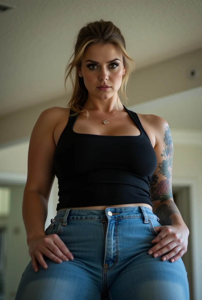 ( random photograph  of  Scarlett Johansson )( full body shot, random:1.4, gorgeous, hottest queen, tattooed woman, large , denim, solo, ponytail,  shorts, Tall woman, red color tight big t-shirt, , tall woman ) (insanely detailed skin texture, attractive texture, wrinkles,pores) [depth of fields] ( detailed textures) ((perfect body parts, (hyper photorealistic), soft lighting, 85mm, 100mm lens ))