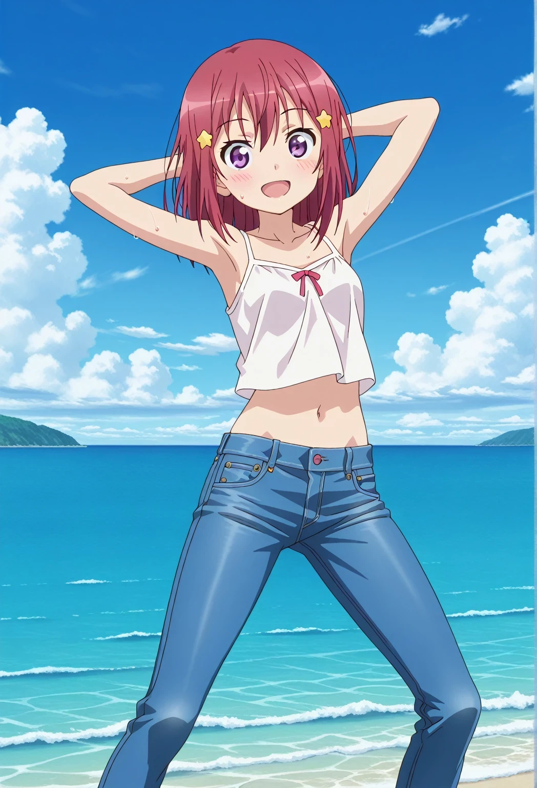 score_9, score_8_up, score_7_up, source_anime, highres, hi res, ((best quality, top quality, perfect quality, Highest Quality, amazing quality)), {{masterpiece}}, {{an extremely delicate and beautiful}}, 2d, intricate details, official style, anime, 8k, anime style, official_anime, official art, digital painting, cell shading, soft shading, high resolution, soothing tones, Subdued Color, Soft cinematic light, adobe lightroom, photolab, HDR, intricately and hyper-detailed, ((high quality animation)), 1 girl, Alone, solo, ((ocean)), tsunami, on the water, day, sunny, outdoors, sky, windy, Kanzaki Tomoyo, Inou Battle wa Nichijou-kei no Naka de, purple eyes, red hair, medium hair, anime coloring, anime screencap, small , white camisole top, crop top, white crop top, best quality, hyper-detailed jeans, ((blue jeans:1.9)), (dark blue jeans:0.6), full medium body, medium shot, Open mouth, smiling, happy face, blush, sweat, standing, ((arms behind head:6.0)), ((perfect arm line:2.5)), bowlegged, jumping pose, action, looking at viewer, , Bend knees slightly, straight-on front view