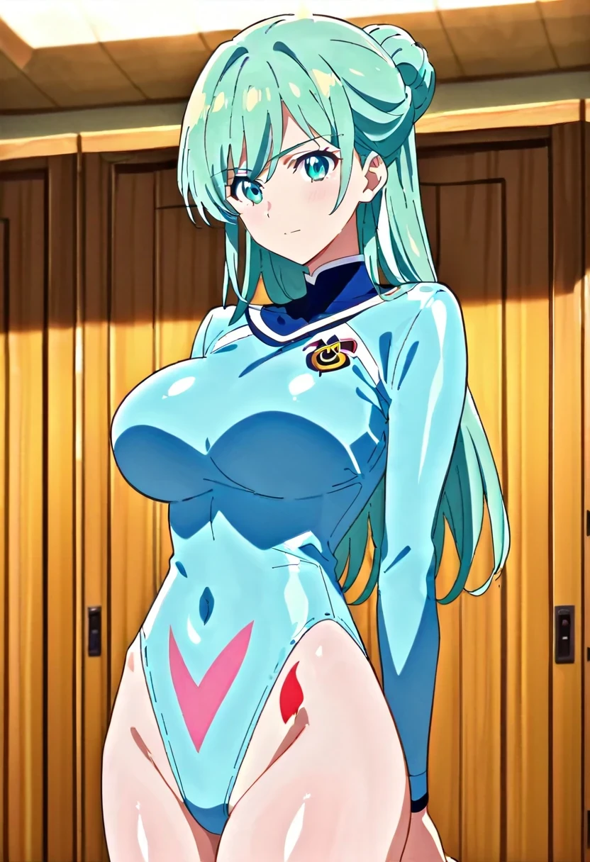 score 9 、score 8 up、score 7 up、傑作、best quality、best resolution、best image quality、anime coloring、anime screencap、anime screenshot、<lora:PokeBoyGrushaXL_Exotica:0.8>、1woman、solo、long hair、aqua eyes、ice blue hair、ice green hair、aqua hair、multicolored hair、single hair bun、eyelashes、half up hair、big breasts、very large breasts、large boobs、((light blue leotard))、gymnastics leotard、simple leotard、 basic leotard、athletic leotard、training leotard、plain leotard、no underwear、The collar of the leotard is a U neck、really、anime beautiful male、anime cool male、The leotard has long sleeves、The lower half of the leotard is high leg cut、tight leotard、tight-fit leotard、athlete leotard、thin、slender body、slim、locker room、gymnastics athlete、toned body lady、standing、looking at viewer、cowboy shot、(female body:1.5)、