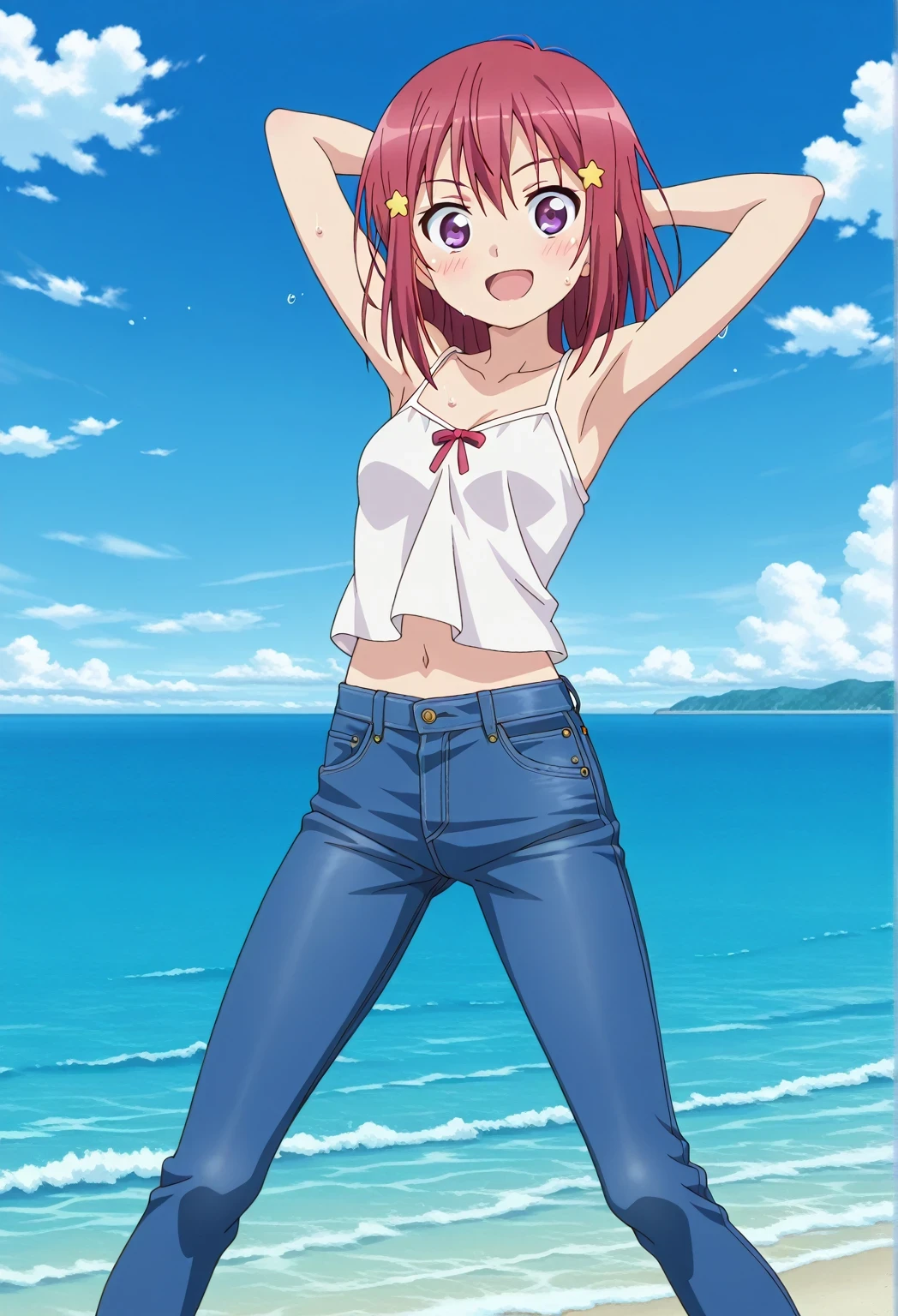 score_9, score_8_up, score_7_up, source_anime, highres, hi res, ((best quality, top quality, perfect quality, Highest Quality, amazing quality)), {{masterpiece}}, {{an extremely delicate and beautiful}}, 2d, intricate details, official style, anime, 8k, anime style, official_anime, official art, digital painting, cell shading, soft shading, high resolution, soothing tones, Subdued Color, Soft cinematic light, adobe lightroom, photolab, HDR, intricately and hyper-detailed, ((high quality animation)), 1 girl, Alone, solo, ((ocean)), tsunami, on the water, day, sunny, outdoors, sky, windy, Kanzaki Tomoyo, Inou Battle wa Nichijou-kei no Naka de, purple eyes, red hair, medium hair, anime coloring, anime screencap, small , white camisole top, crop top, white crop top, best quality, hyper-detailed jeans, ((blue jeans:1.9)), (dark blue jeans:0.6), full medium body, medium shot, Open mouth, smiling, happy face, blush, sweat, standing, ((arms behind head:6.0)), ((perfect arm line:2.5)), bowlegged, jumping pose, action, looking at viewer, , Bend knees slightly, straight-on front view
