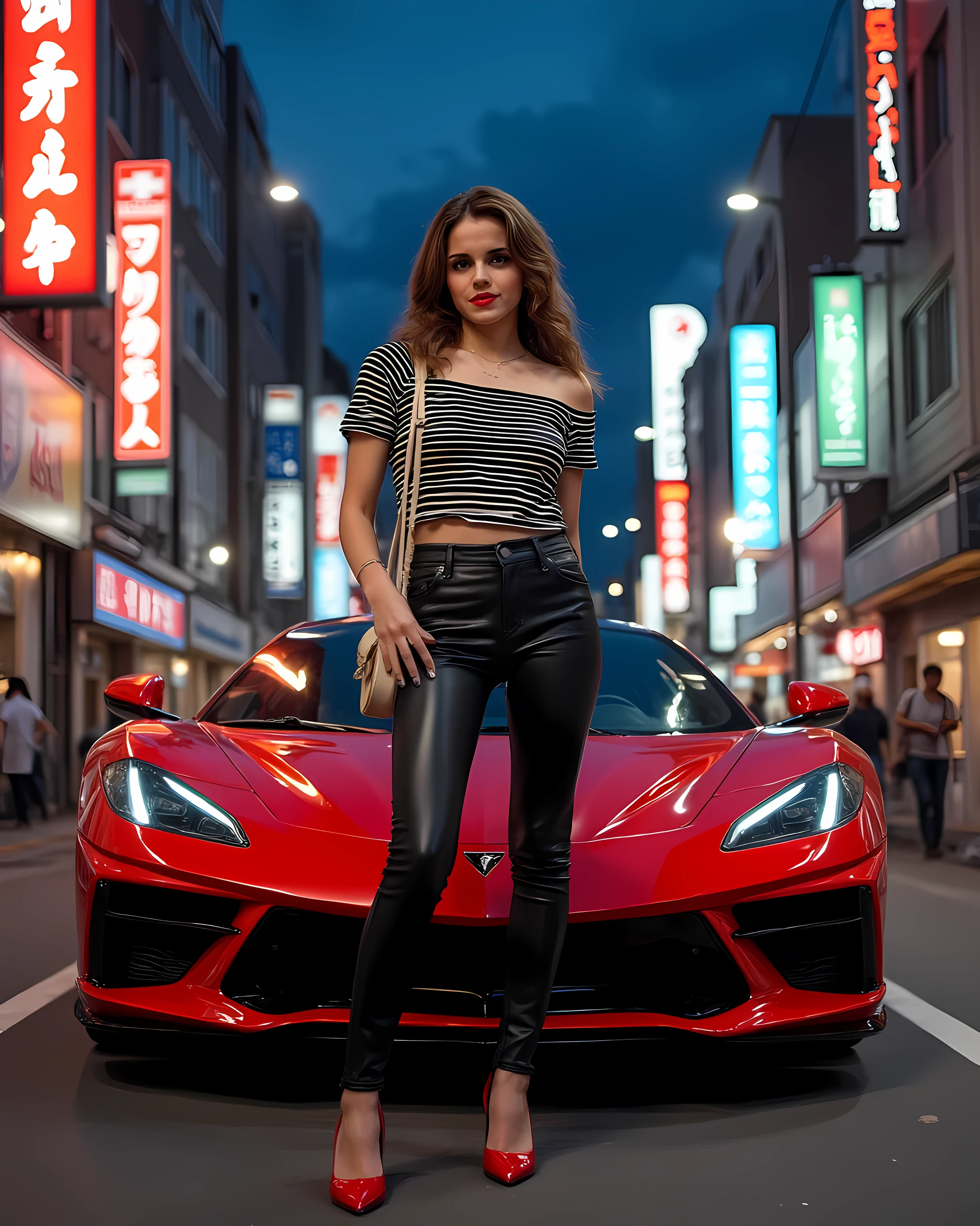 une jeune femme aux cheveux bruns et ondulés se tient en toute confiance devant une élégante voiture de sport rouge, possibly a Chevrolet, parked on a dimly lit urban street. Elle porte un haut rayé horizontalement noir et blanc , laissant apparaître ses épaules. Elle a un sourire radieux et semble détendue. Ses yeux sont ouverts et regardent directement l'objectif. Elle porte également un pantalon en cuir noir et tient un sac à main beige et blanc sur son épaule droite. associated with matching red high heels, highlighting a bold and sophisticated style. The background depicts a city street at dusk or night, as suggested by the deep blue sky and soft shadows, highlighted by the incandescent lights of building signs written in Japanese characters. The atmosphere evokes a mix of intrigue and appeal, with the woman exuding balance and confidence amidst a lively urban landscape. The bright streetlights are reflected on the polished surface of the car, adding a dramatic touch to the scene.