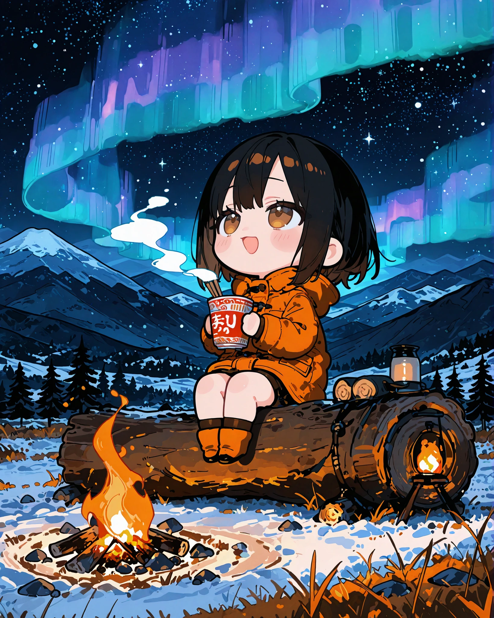 masterpiece, best quality, ultra-detailed, perfect anatomy,
748cmstyle, anime style,
full body, solo, 1girl, short-hair, black hair, brown eyes, smiling, looking up with open mouth, warm orange winter clothes, sitting on log, holding cup ramen, chopsticks, cozy and peaceful atmosphere, night in the mountains under a starry sky with aurora, illuminated by the soft glow of a campfire, warm firelight contrasting with the cool night sky, detailed mountain background, camping tent nearby, natural outdoor camping scene, cinematic lighting, (chibi:1.5),