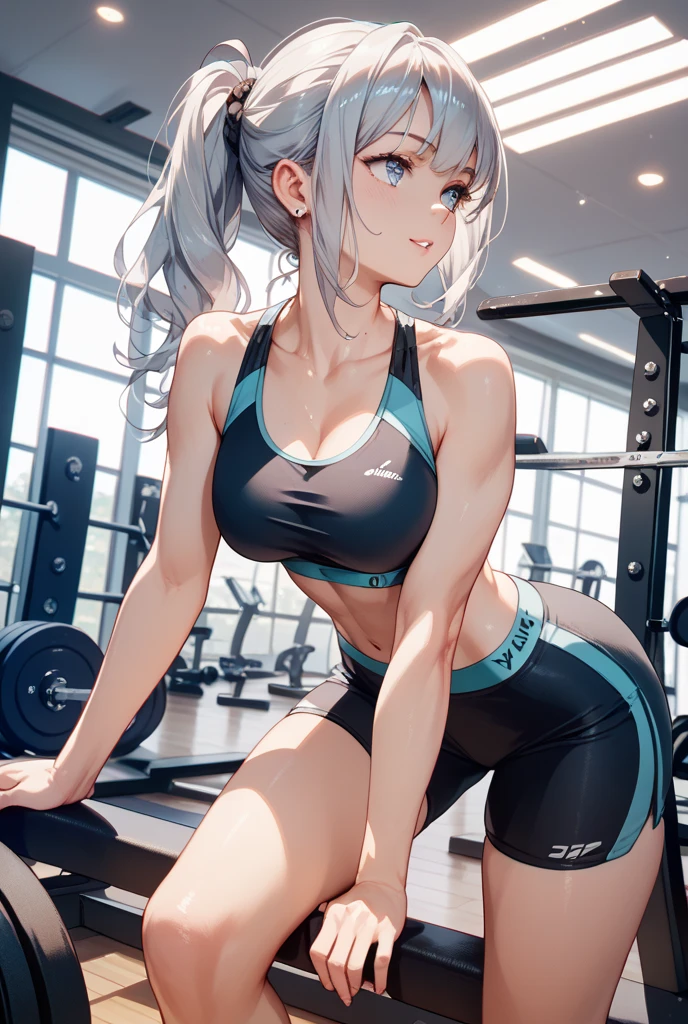 score_9, score_8_up, source_anime, 1girl, solo, JinshiWW, long hair, twintails, hair rings, hair ornament, black sports bra, sweaty clothes, yoga pants, groin, sweat, wiping sweat, holding towel, gym, indoors, <lora:ChamJinshiPonyXL:1>