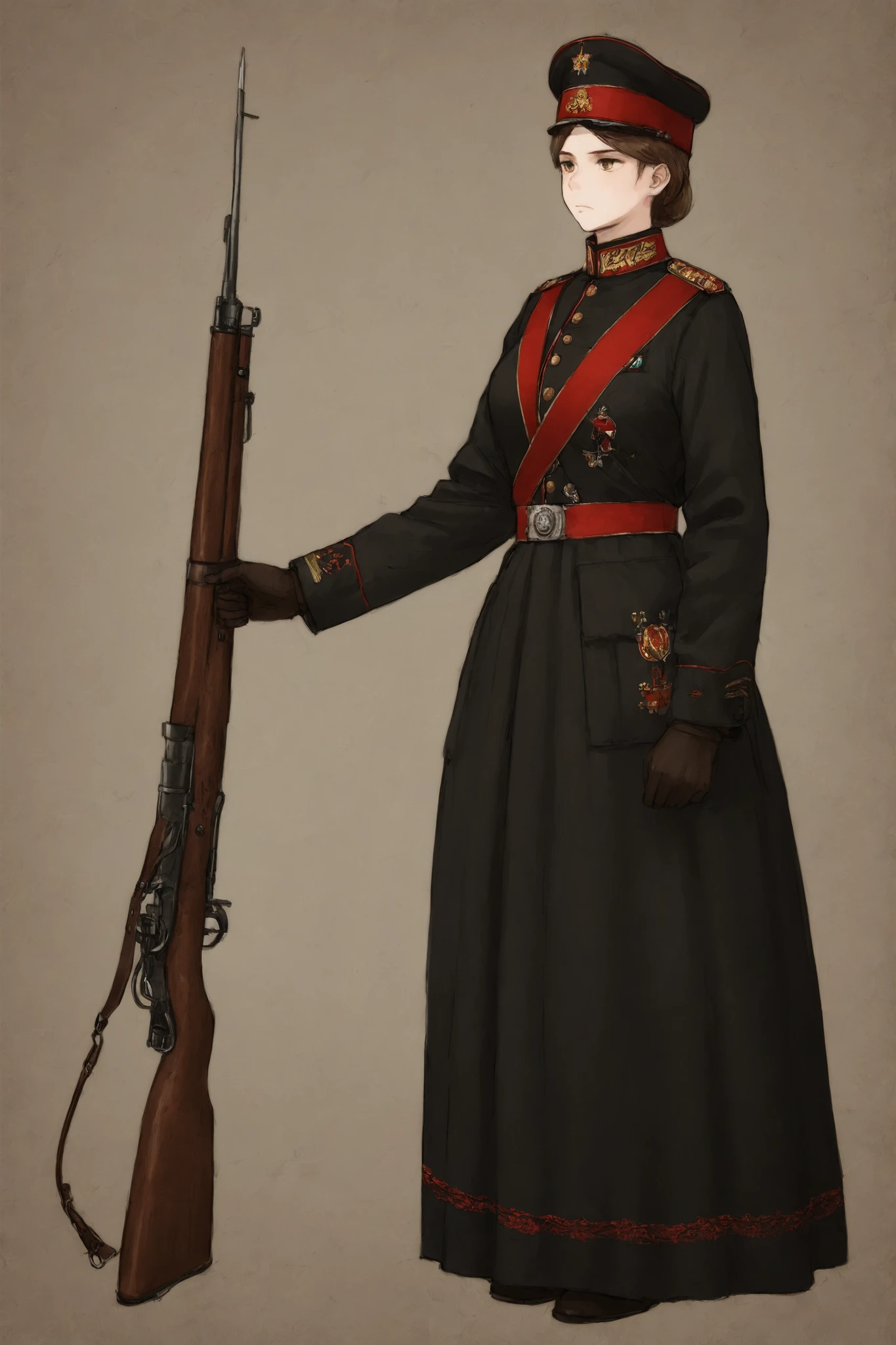 Women in the Russian Imperial Army, Russian Imperial Female Commander, Dressed in the traditional dress of the Russian Imperial Army, expressionless face, huge height, big pelvis