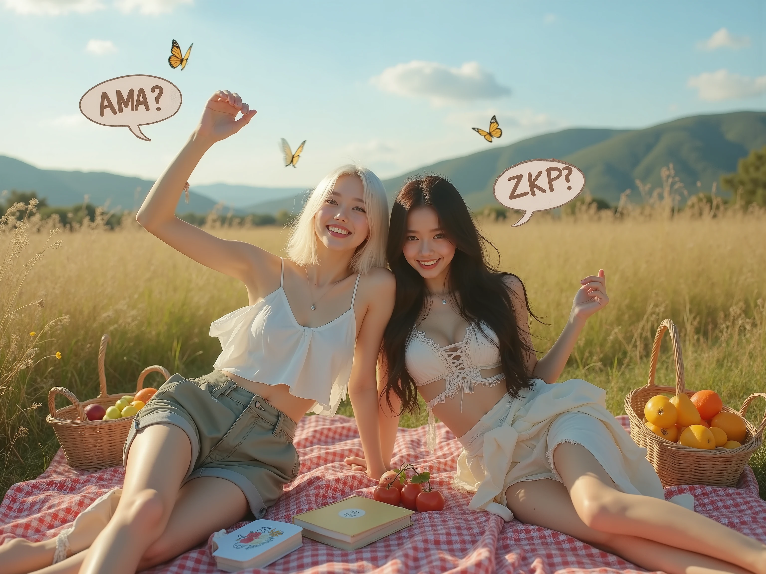 8k hyper-photorealistic cinematic wide shot of two stunning 16-17-year-old Japanese girls lounging on a picnic blanket in a meadow, several feet apart, posing confidently like fashion models, exuding sexy allure, with casual sketchy speech bubbles: main girl saying "AMA?" in playful bubble letters with a starburst, friend teasing back "ZKP?" with a smirking face icon. Main girl: flawless porcelain skin glowing radiantly in golden hour warmth, silky blonde bob, sharp brown almond eyes sparkling with joy, playful smile with pearl teeth, plump glossy lips, subtle dimples on flushed cheeks, long lashes, natural makeup. Wears a flowy crop tank with spaghetti straps slipping low, low-rise cargo shorts rolled up high, barefoot with anklets. Friend: long flowing dark wavy hair spread out on blanket, warm hazel eyes, matching playful grin with flawless teeth and dimples. Wears a lace-up bralette with fringe details, high-waisted bikini bottoms peeking from under a sheer sarong, espadrille wedges kicked off nearby. They sit propped on elbows facing each other across the spread, one tossing a grape playfully in the air, the other catching it with a grin, open space highlighting sharp details and relaxed vibe. Serene outdoor picnic spot: checkered blanket with fruit baskets and books, wildflowers swaying in breeze, distant hills under blue sky, soft bokeh from butterflies fluttering with lens flares, hyper-realistic skin textures with subtle freckles and glossy lips, volumetric god rays through grass blades, soft depth of field, natural cinematic lighting.