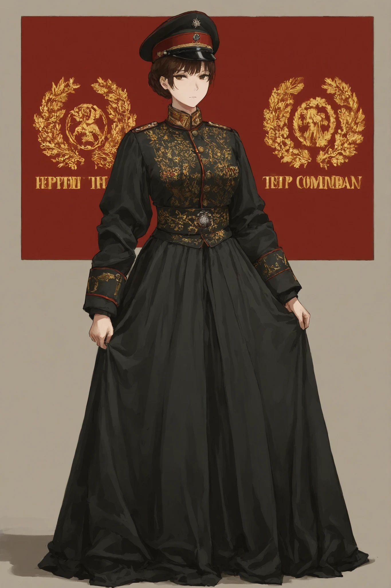 Women in the Russian Imperial Army, Russian Imperial Female Commander, Dressed in the traditional dress of the Russian Imperial Army, expressionless face, huge height, big pelvis