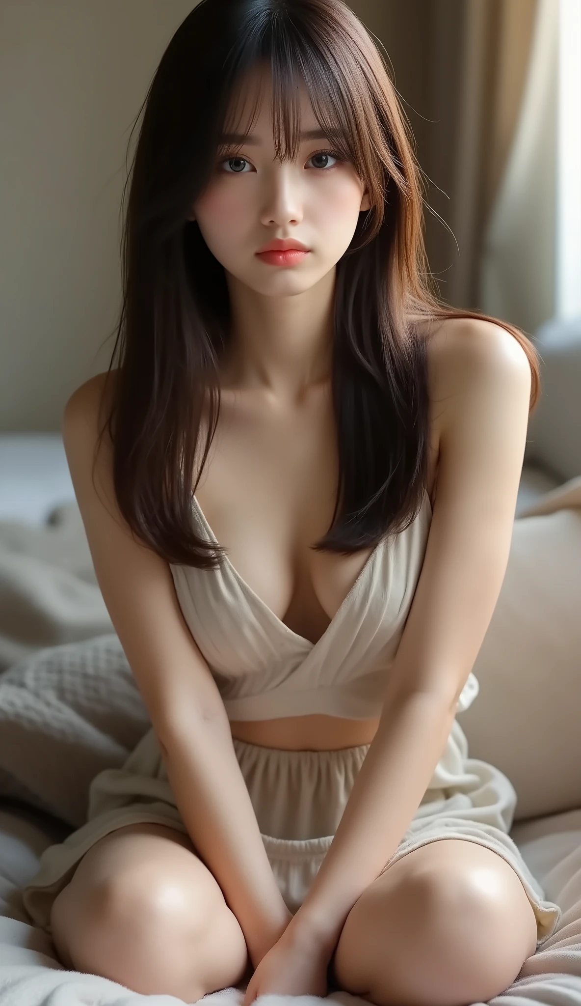 Beautiful girl sitting across the viewer, Looking from above, expression, 8K, Bedroom