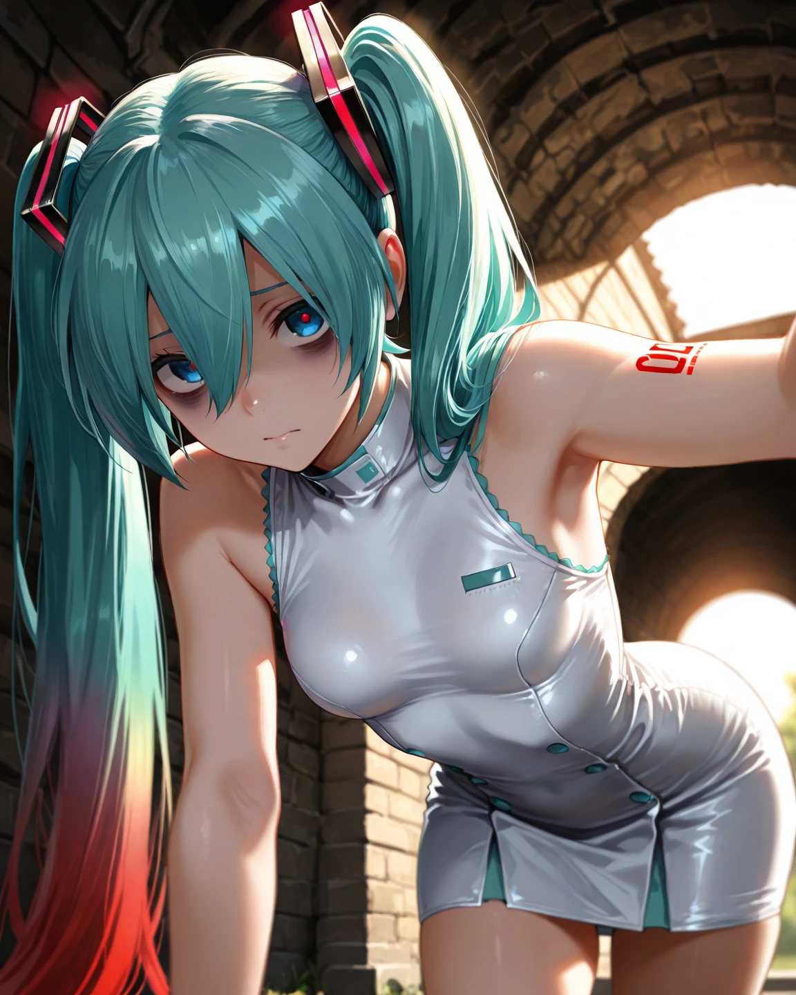 Hi res, masterpiece, 8k, , (Hatsune Miku | Virtual Singer),  curvy body, big , exposed , erected , (: 1.6), blue high heels,  open mouth, tongue out,  face,  expression, pleasure face, reddened face, (blue pubic hair: 1.4), (she is  with a  machine and squiriting  : 1.3), sunset