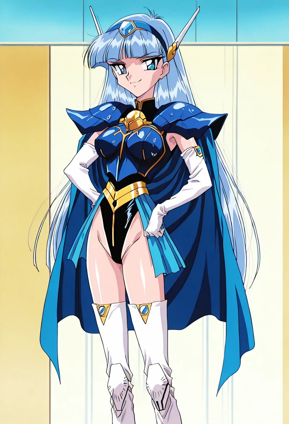 score 9 、score 8 up、score 7 up、傑作、best quality、best image quality、best resolution、((1990s \(style\),90s anime,90s anime style,retro artstyle,Cel-shaded anime,anime screencap,anime coloring:1.25))、perfect face、beautiful、sexy、athletic body、shiny skin、(scale to fit the dimensions:1.2)、1girl、solo、<lora:AEUmiIlx:1>、standing、light smile、water drop、hydrokinesis、AEUmiFinal、blue eyes、blue hair、long hair、blunt bangs、blue hairband、headgear、armored dress、blue armor、Hairband Headgear、blue cape、armored leotard、elbow gloves、white gloves、gem、black leotard、high leg cut、pauldrons、groin、white thigh boots、big breasts、very large breasts、large boobs、thigh boots、high cut leotard under clothes、showgirl skirt、full body、water、smug smile、standing、