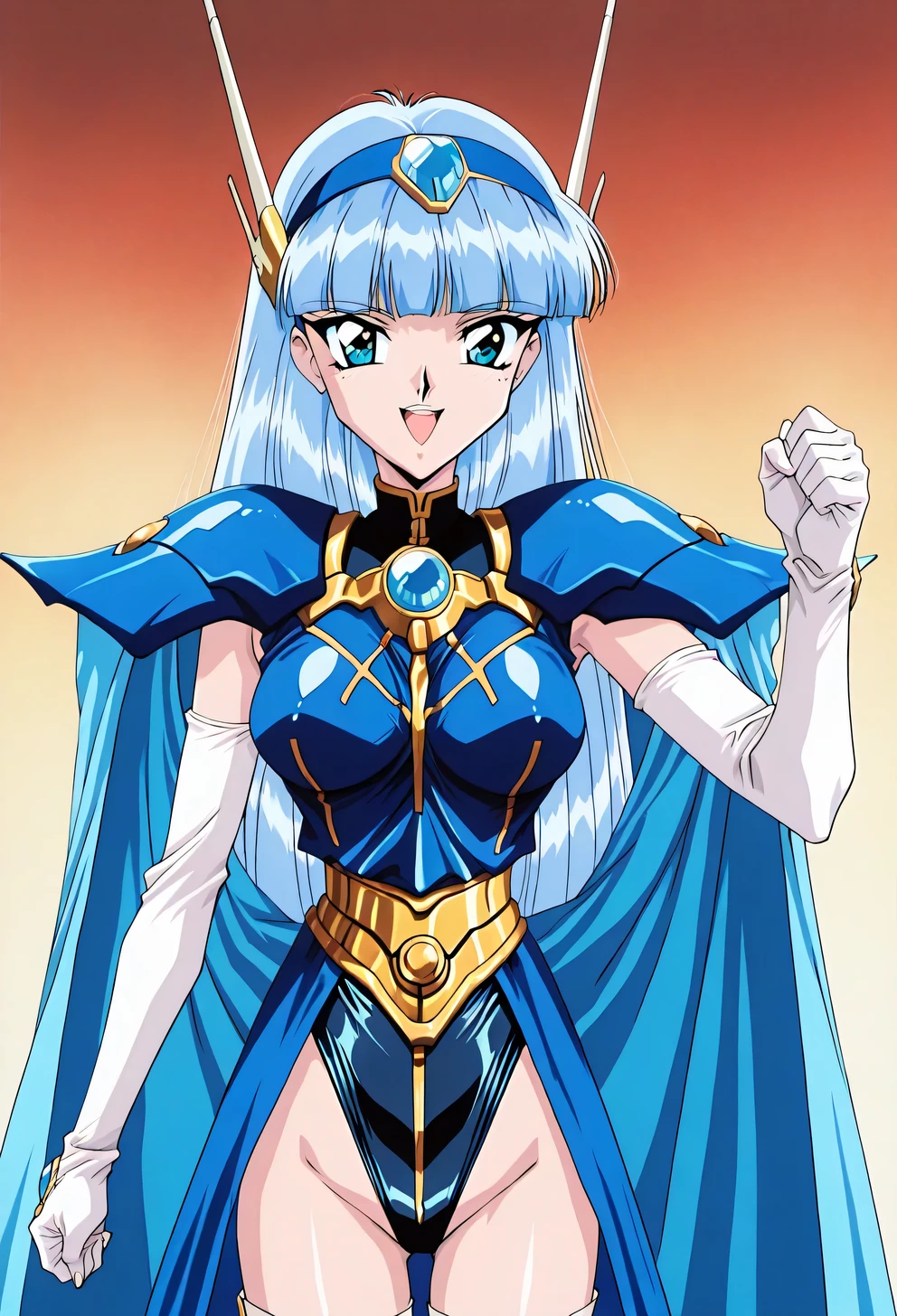 傑作、Best quality、Best resolution、Best image quality、amazing quality、 very aesthetic、 absurdres、anime coloring、anime screencap、anime screenshot、anime colored、1girl、solo、((1990s \(style\),90s anime,90s anime style,retro artstyle,Cel-shaded anime,anime screencap,anime coloring:1.25))、AEUmiDef、blue eyes、blue hair、long hair、blunt bangs、blue hairband、look away、out3、headgear、armored dress、blue armor、Hairband Headgear、blue cape、armored leotard、elbow gloves、white gloves、gem、black leotard、high leg cut、pauldrons、groin、white thigh boots、big breasts、very large breasts、large boobs、thigh boots、high cut leotard under clothes、cowboyshot、dutch angle、looking at viewer、smile、open mouth、