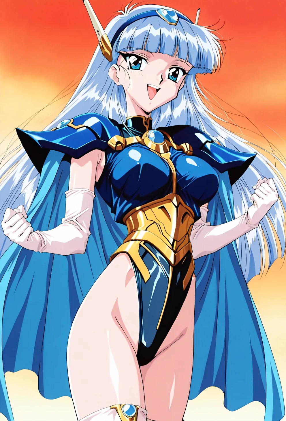 傑作、Best quality、Best resolution、Best image quality、amazing quality、 very aesthetic、 absurdres、anime coloring、anime screencap、anime screenshot、anime colored、1girl、solo、((1990s \(style\),90s anime,90s anime style,retro artstyle,Cel-shaded anime,anime screencap,anime coloring:1.25))、AEUmiDef、blue eyes、blue hair、long hair、blunt bangs、blue hairband、look away、out3、headgear、armored dress、blue armor、Hairband Headgear、blue cape、armored leotard、elbow gloves、white gloves、gem、black leotard、high leg cut、pauldrons、groin、white thigh boots、big breasts、very large breasts、large boobs、arms muscles、thighs muscles、thigh boots、high cut leotard under clothes、cowboyshot、dutch angle、looking at viewer、smile、open mouth、