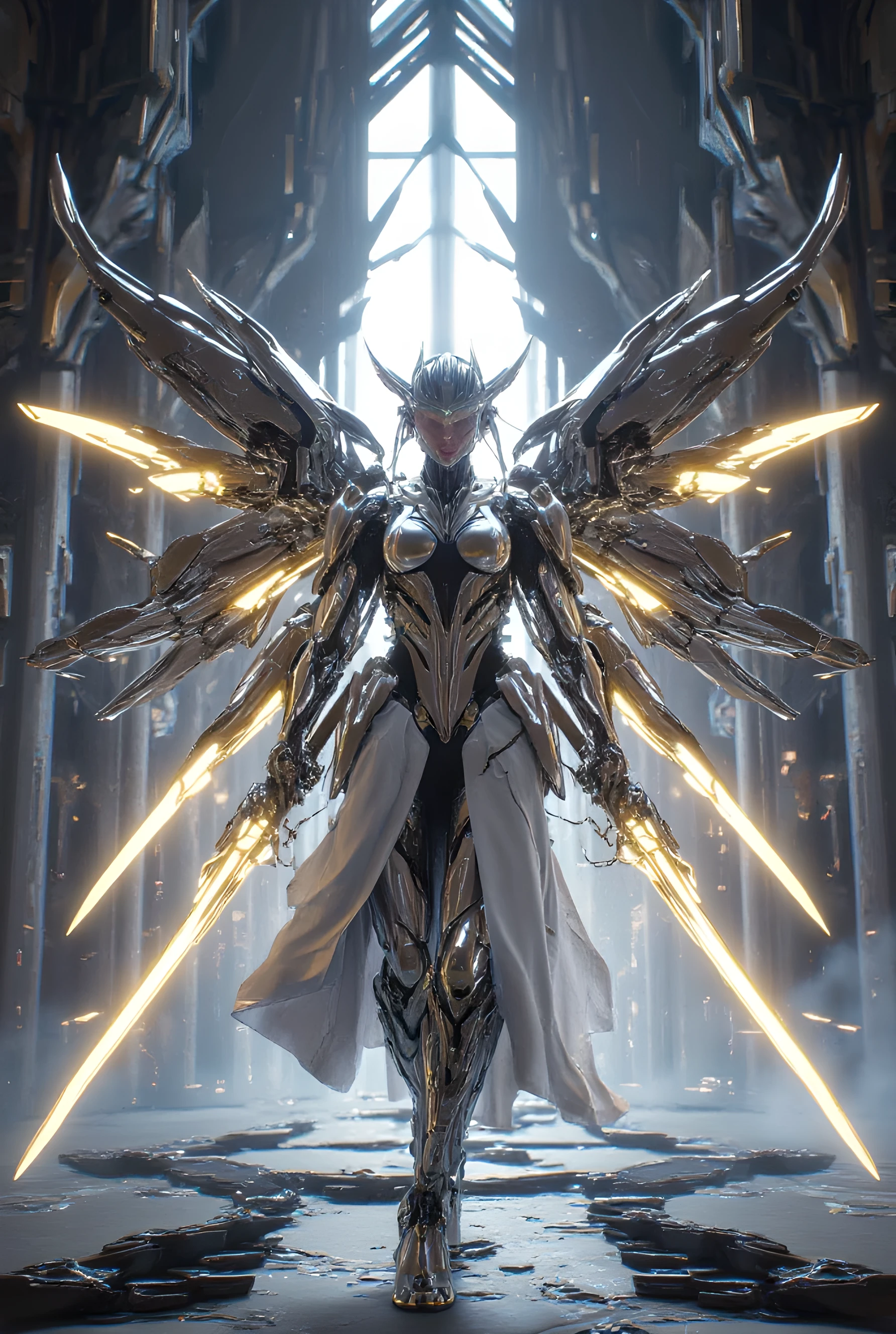 Photoreal live action of Cenematic shot a female cybernetic angel with a katana, set in a futuristic cathedral with a divine and ethereal atmosphere. Include intricate metallic details on her wings and armor, glowing circuits, and a radiant katana blade, emulate a Hasselblad X2D 100C and f/2.8, use Rembrandt lighting, compose with symmetrical balance and leading lines,real detail ,raw style