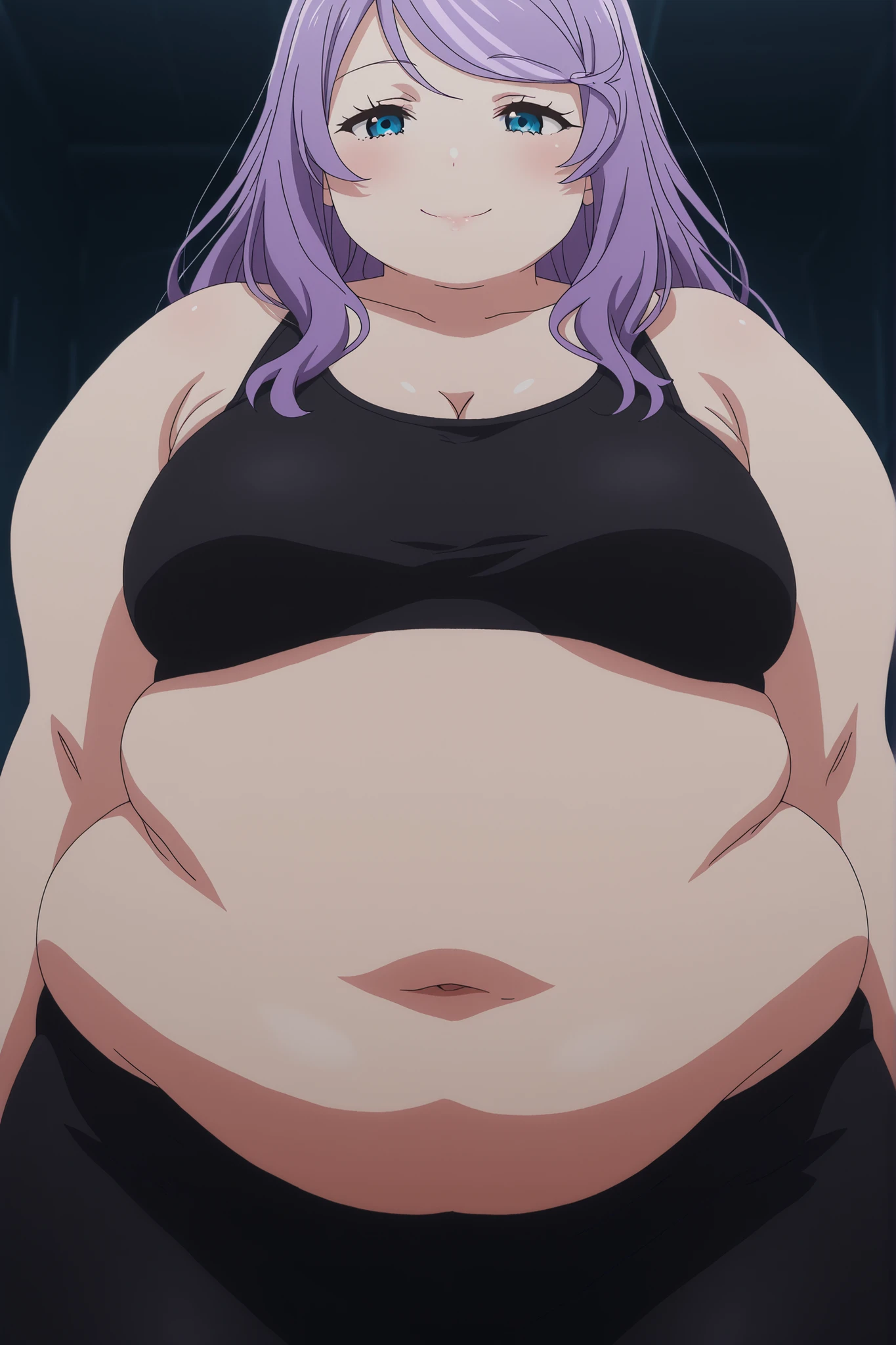 obese,fat,plump,WeightObese,anastasia hoshin, long hair, blue eyes, purple hair, swept bangs, 1girl, anime screencap, black sportbra, black yoga pants, seductive smile