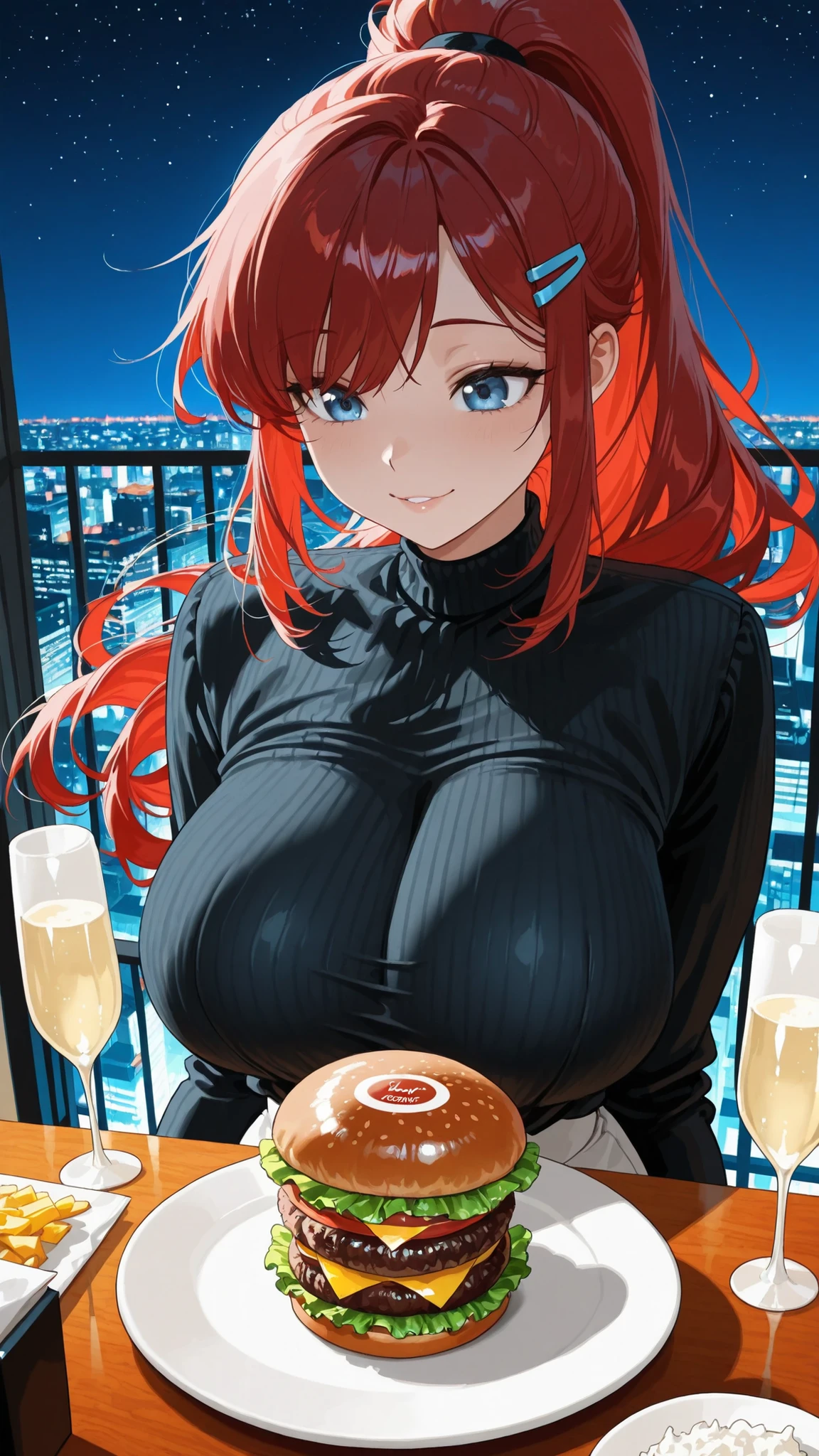 8k (high definition) (Super Detailed) (masterpiece) (Highest Quality) animated illustration fine eye detailed face Feminine Detailed Hand Delicate hair detailed wrinkles on clothes Feminine Sophisticated Body with fine skin detailed background solo blue eyes (Red hair) hair clip on bangs (Ponytail) big breasts happy expression, exquisite in every detail, Enjoy an indulgent burger at a rooftop restaurant, A night view panorama, City Lights, Open Air Dining, under the stars, Fine Burgers, Black Truffle Mayo, Champagne Glasses, Beautiful Table Setting, candle, sophisticated clothes, long hair fluttering in the wind, happy expression, Luxurious Atmosphere, perfect composition near the entrance, dramatic lighting