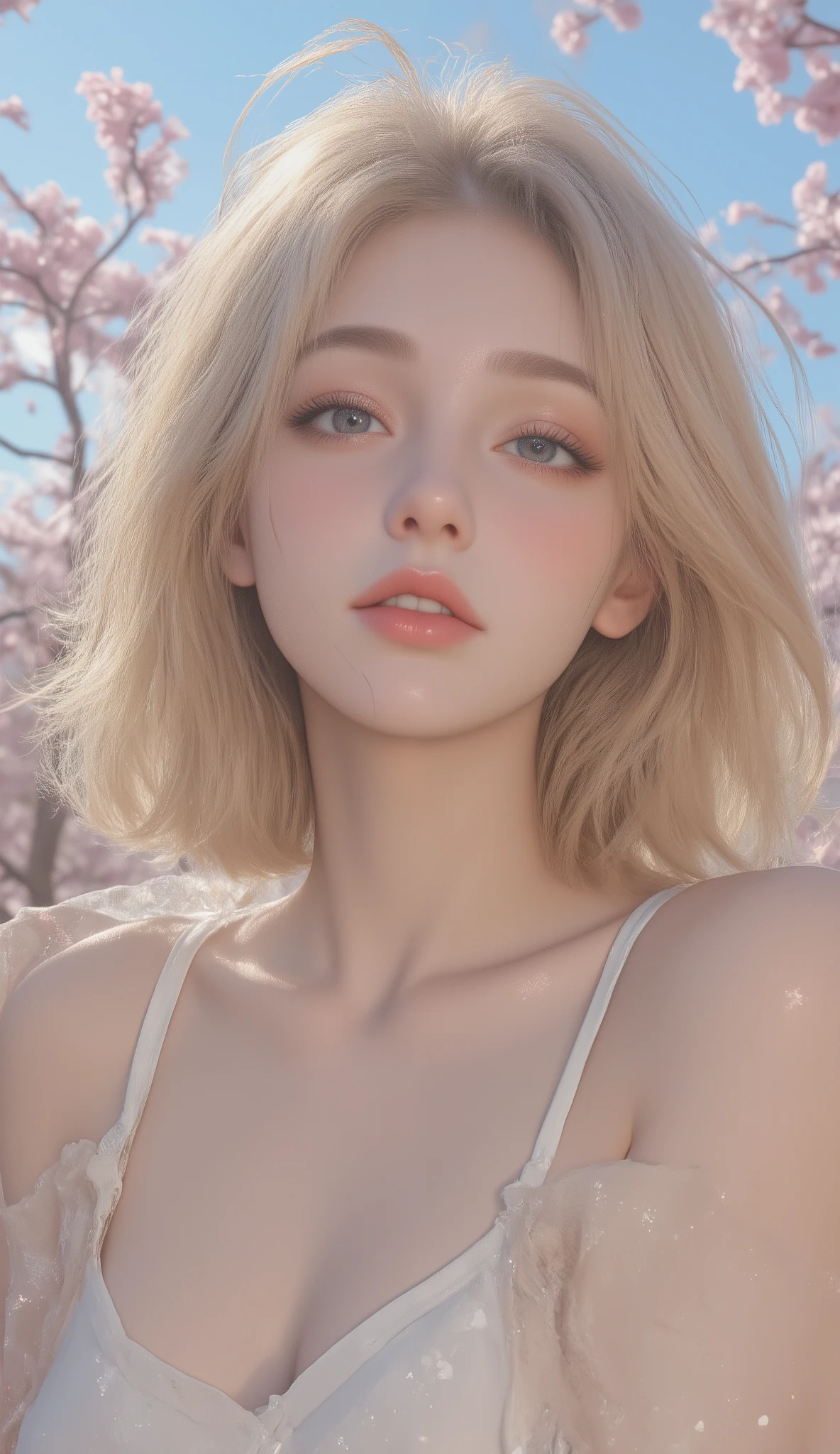 Restless lighting, quiet, Calm, brightness, masterpiece, 最high quality DVDで最高の, Girl with 1 Huge Breasts, (Kim Kroll:1.2), (hyperrealism:1.3), (masterpiece:1.4), 最high quality DVDで最高の, (()), high quality DVD, 超details, ((Genuine Images)), ((real skin)), ((realistic face)),(Awareness-raising:1.05), (The beautiful:1.05), (beautiful and delicate eyes:1.05), (movie light:1.1), full body lesbian, accurate ratio , 18 year old girl, Thin model, Short blond hair fluttering in the wind , thin, Long legs, open your legs slightly, Hips, face turns bright red, is shy, clavicle, beautiful and delicate face, Human white skin gathering, real skin, (顔のdetails), Pores , ultra high resolution, 8k, 最high quality DVD, masterpiece, ultra high resolution, (Reality 2 .0), details, Delicate Skin, Cleanliness, big smile, White teeth, short frizzy blonde hair, Perfect Designed Eyes , girlfriend, The beautiful, The beautiful, blossoms, blue sky,cherry blossoms,cherry blossomsの木を見上げる