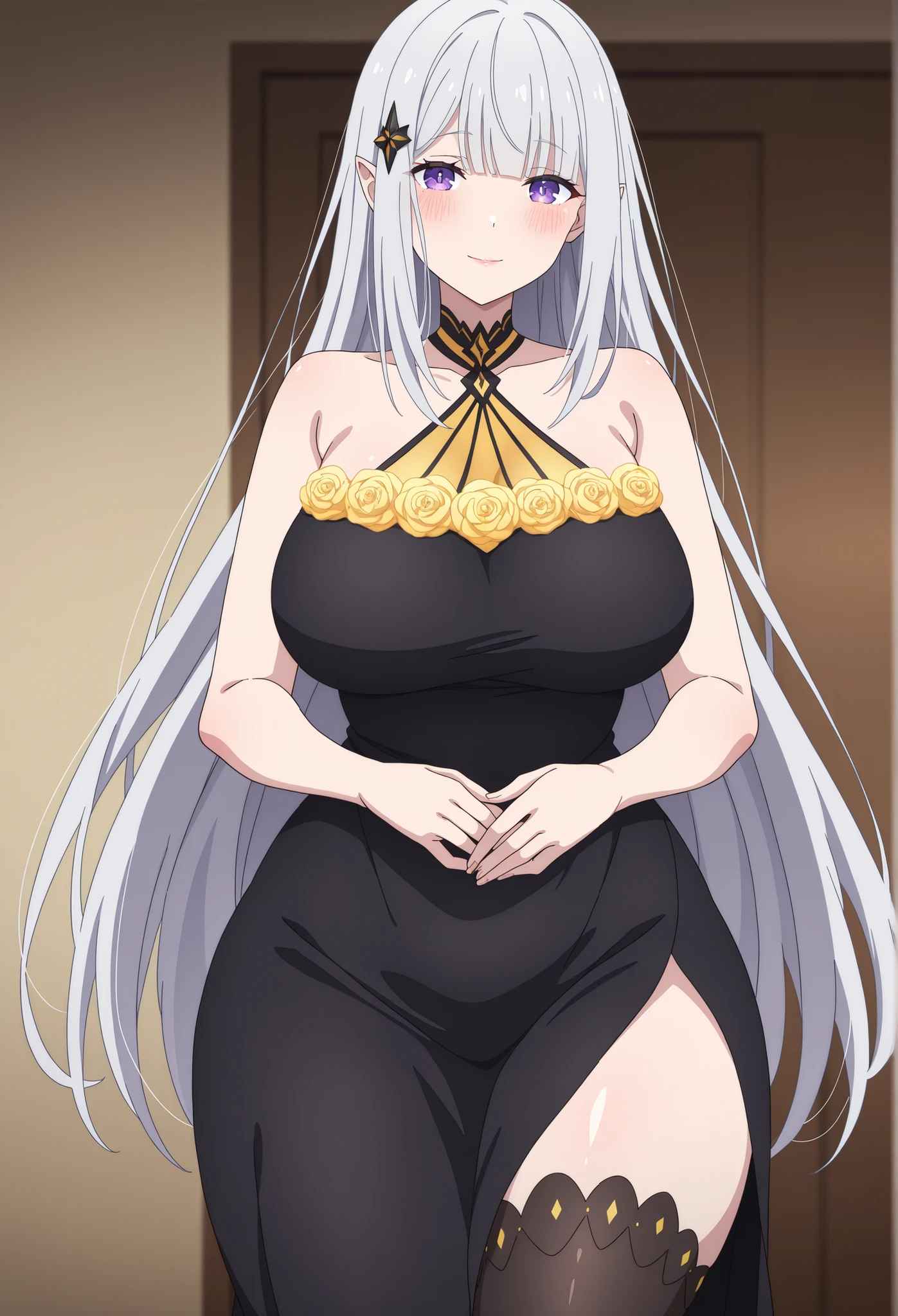 newest , masterpiece , anime screencap , anime coloring , adult ReZero, Solo, long dress, Satella, Anime, 1girl, Mature Female, pointy ears, hair ornament, blush, silver hair, long hair, closed mouth, light smile, lips, purple eyes, big breasts, glamorous bodies, attractive bodies, large Curvy, Slutty, Neat, ((sleeveless black dress, yellow rose , halterneck, black thighhighs,))), (((Sexy,)))