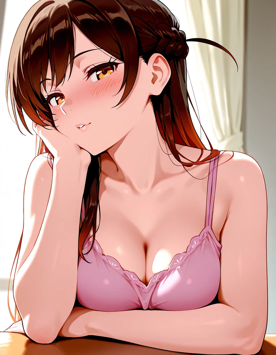 (Best quality:1.3), brown ponytail, ?????????????, cleavage, Pink nurse outfit, smiling, (pov, close shot),???????