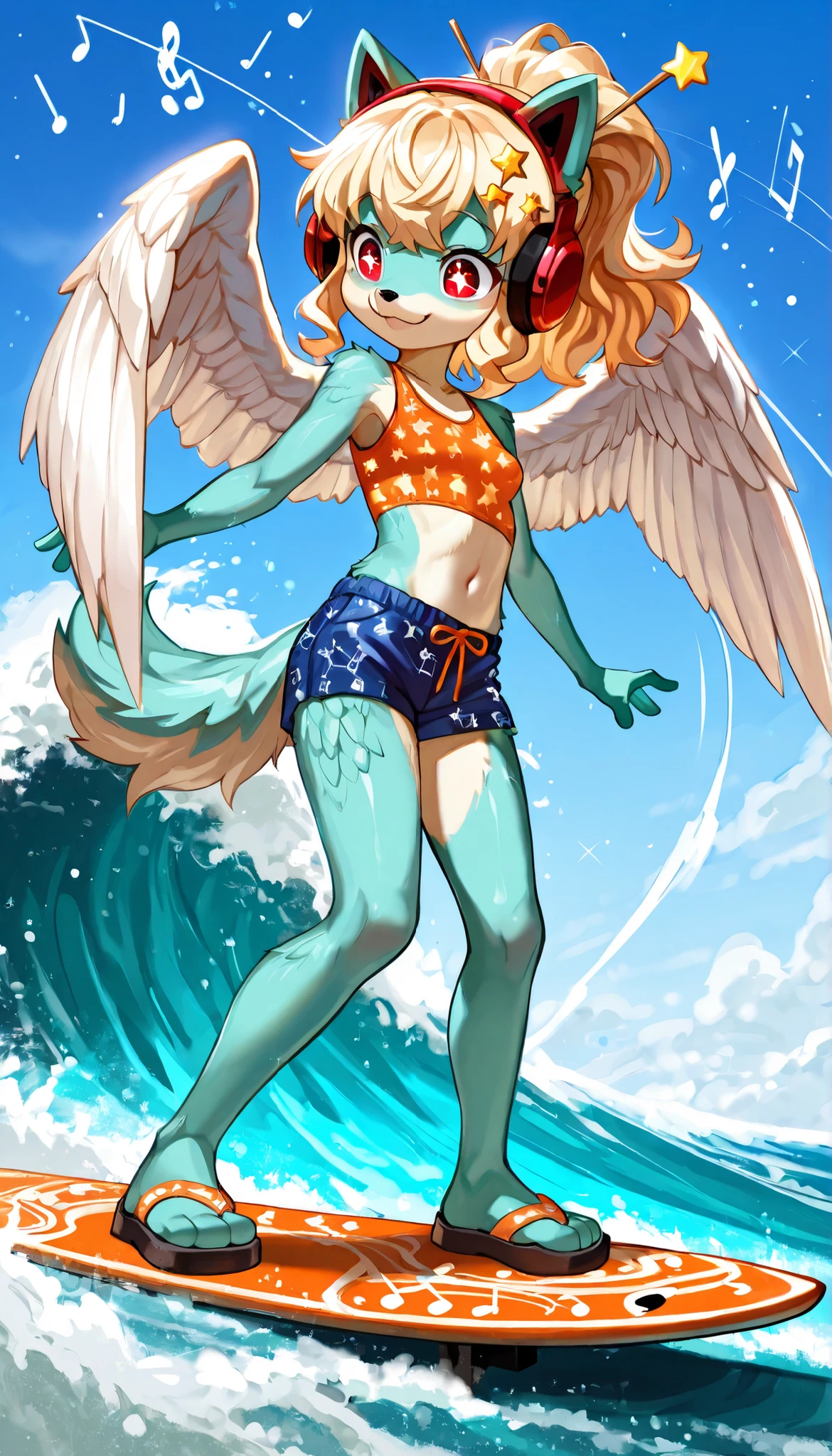 score_9, score_8_up, score_7_up, 1girl, solo, masterpiece, best quality, amazing quality, very aesthetic, absurdres, source furry, young, furry dog, cute hair, long wavy ponytail, wavy bangs, blonde hair, red eyes, sparking pupils, smile, two tone body fur, turquoise body fur, clear turquoise body fur, short body, eyeshadows, ((feathered white wings)), ((stars hairpin, stars on hair, red headphones, orange tankini with music notes pattern, midriff, blue shorts, sandals)), navel, small breasts, dog tail, floop dog ears, small breasts, looking at you, looking at you, :3, full body, feets with three toes, surfing, anime style, standing on a surfboard, outside, The beautiful blue sea, waves, sky, surfing pose,