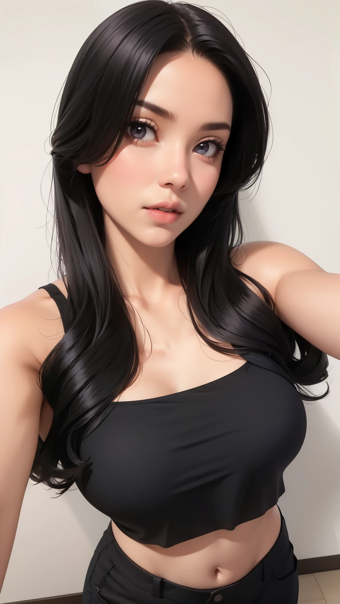 1girl, solo, black_hair, long_hair, looking_at_viewer, breasts, parted_lips, realistic, lips, black_eyes, midriff, crop_top, tank_top, pants