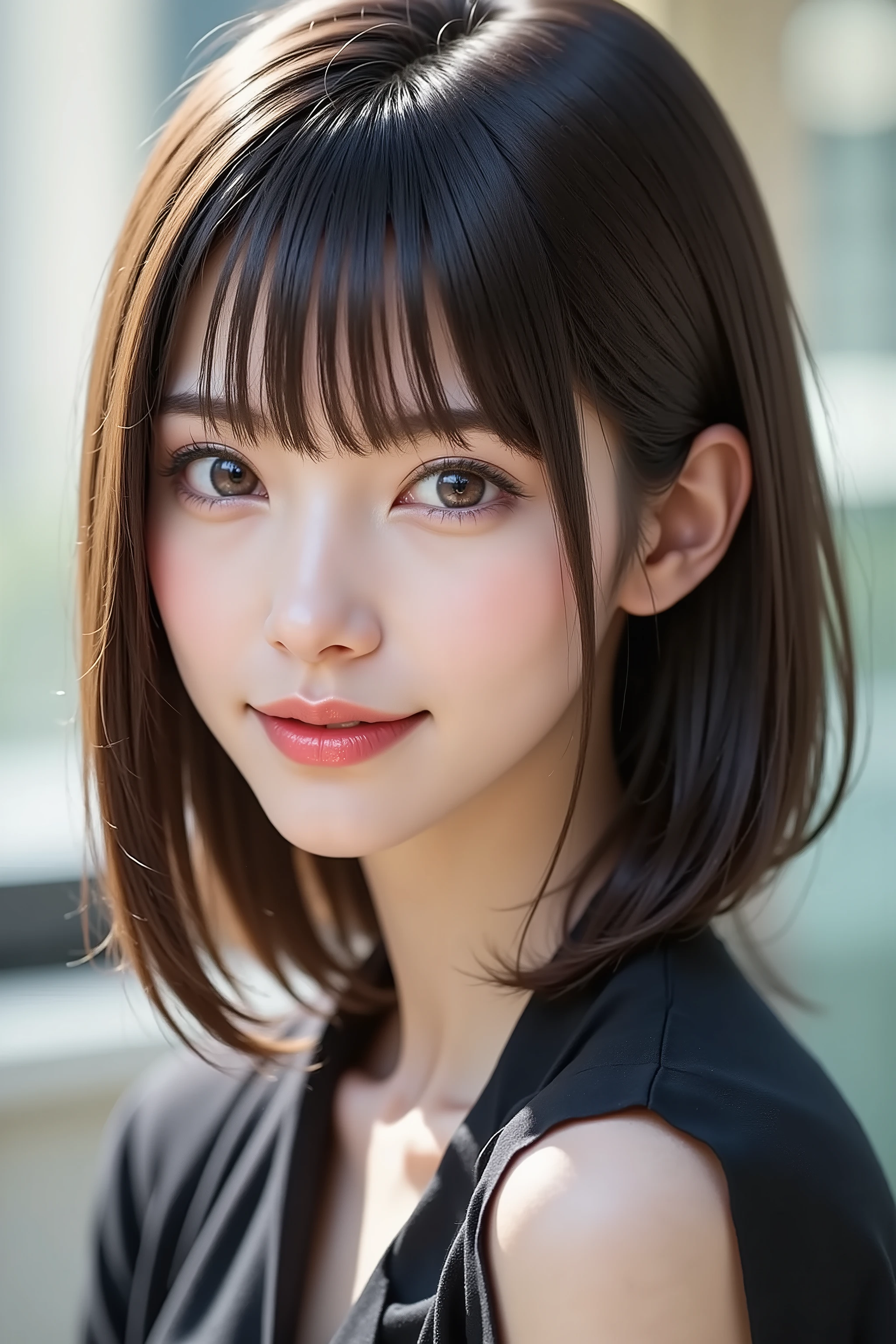 Side angle, close-up face, bust-up shot, office lady, looking at viewer, clear makeup, bangs, in the office, full light, masterpiece