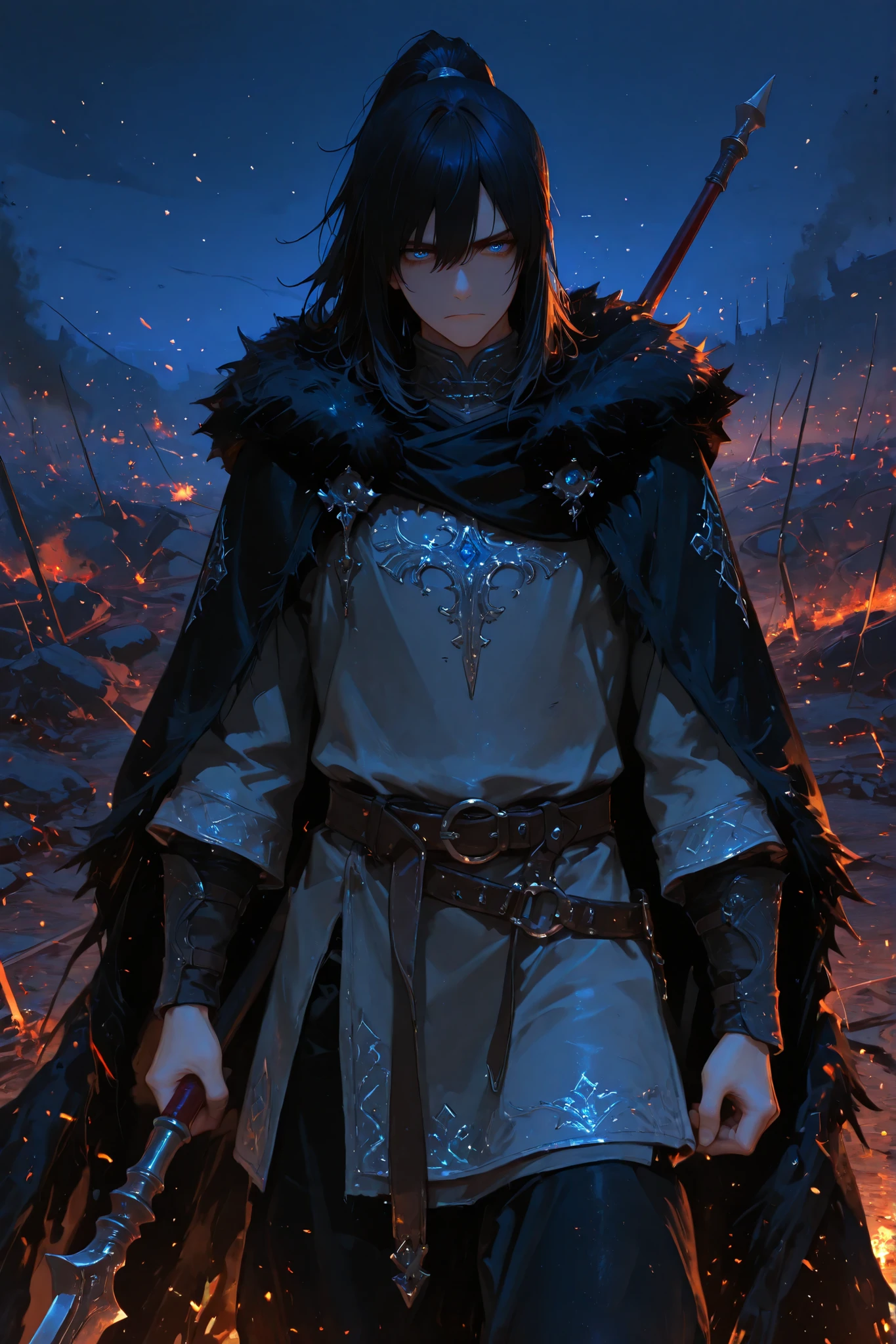 748cmstyle, 1boy solo, ultrahd, best quality, highres, beautiful eyes, best eyes, good eyes, 8k, 4k, ultrahd,medium hair, high ponytail, tunic, oversized pants, black hair, blue eyes, black pants, gray tunic, black cape, princely, prince, belts around waist, decorated, fur trim, serious expression, battlefield, front view, glaive, holding polearm, night, embers