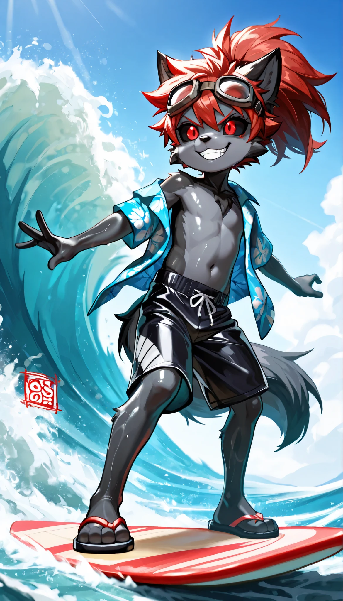 score_8_up, score_7_up, 1boy, solo, alone, masterpiece, best quality, amazing quality, very aesthetic, absurdres, source furry, furry wolf, furry , black sclera, red eyes, wolf ears, wolf tail, wolf features, two tone body fur, black body fur, gray body fur, red hair, long pointed spiked hairstyle, messy pointed, long messy pointed ponytail, oily skin, short body, closeup, ((goggles, blue hawaiian shirt, open clothes, one off shoulder, black swim trunks, sandals)), cheek tuft, full body, feets with three toes, angry, smile, (very skinny:1.0), (Small, Short:1.1), (young cub:1.2), epic portrait, sharp teeths, :3, grin, ((no niples)), navel, surfing, anime style, standing on a surfboard, outside, The beautiful blue sea, waves, sky, surfing pose,