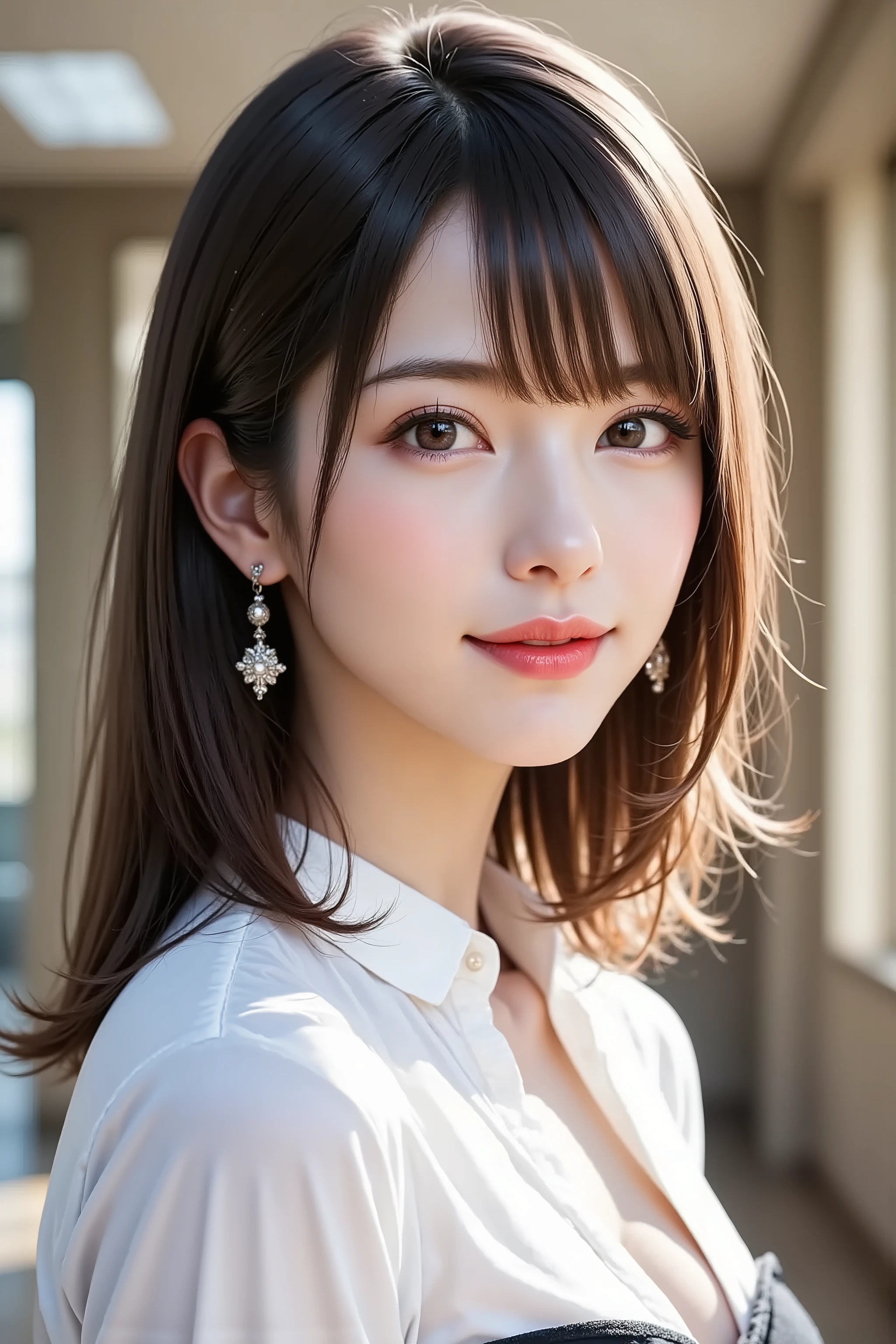 Side angle, close-up face, bust-up shot, office lady, looking at viewer, clear makeup, bangs, in the office, full light, masterpiece