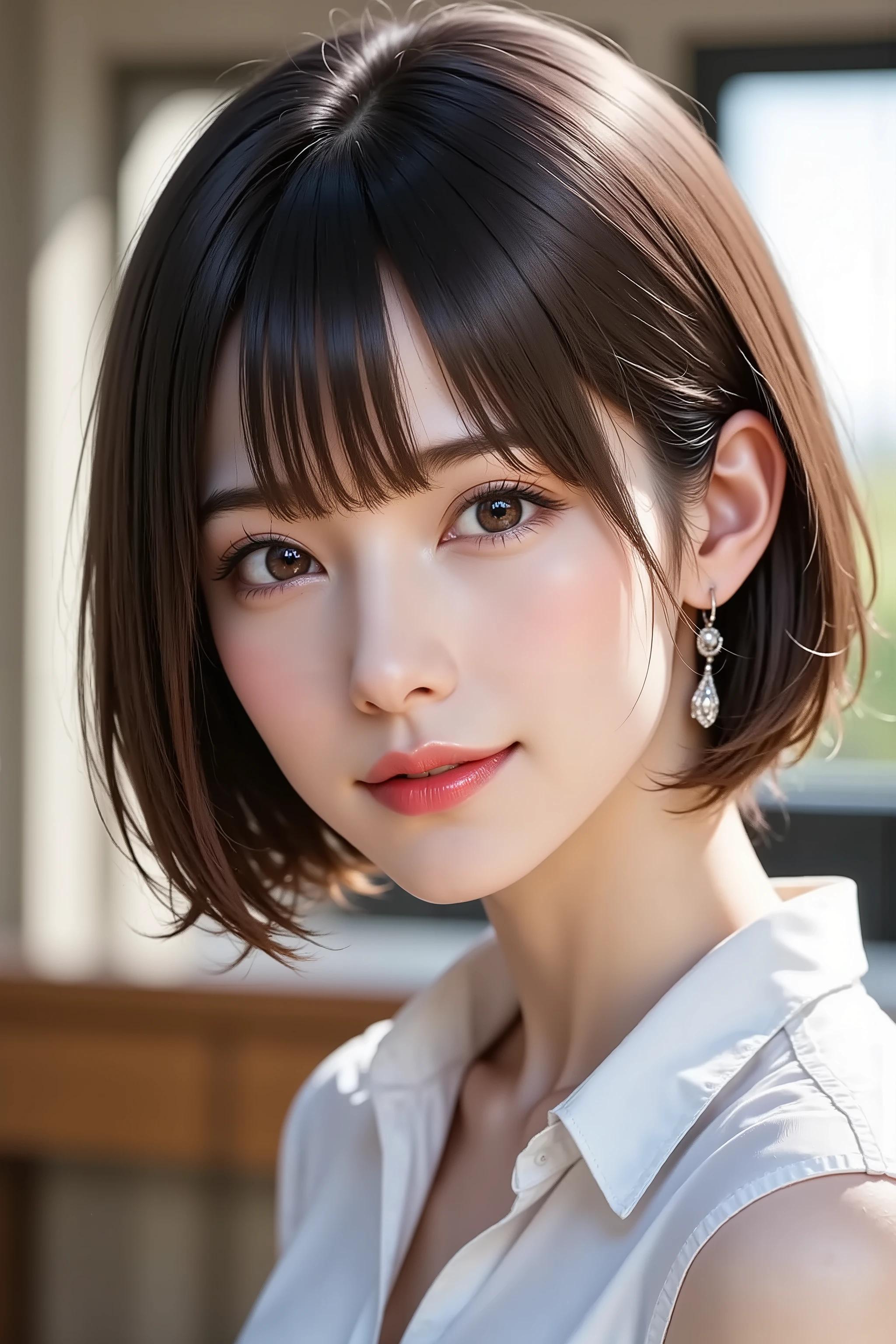 Side angle, close-up face, bust-up shot, office lady, looking at viewer, clear makeup, bangs, in the office, full light, masterpiece