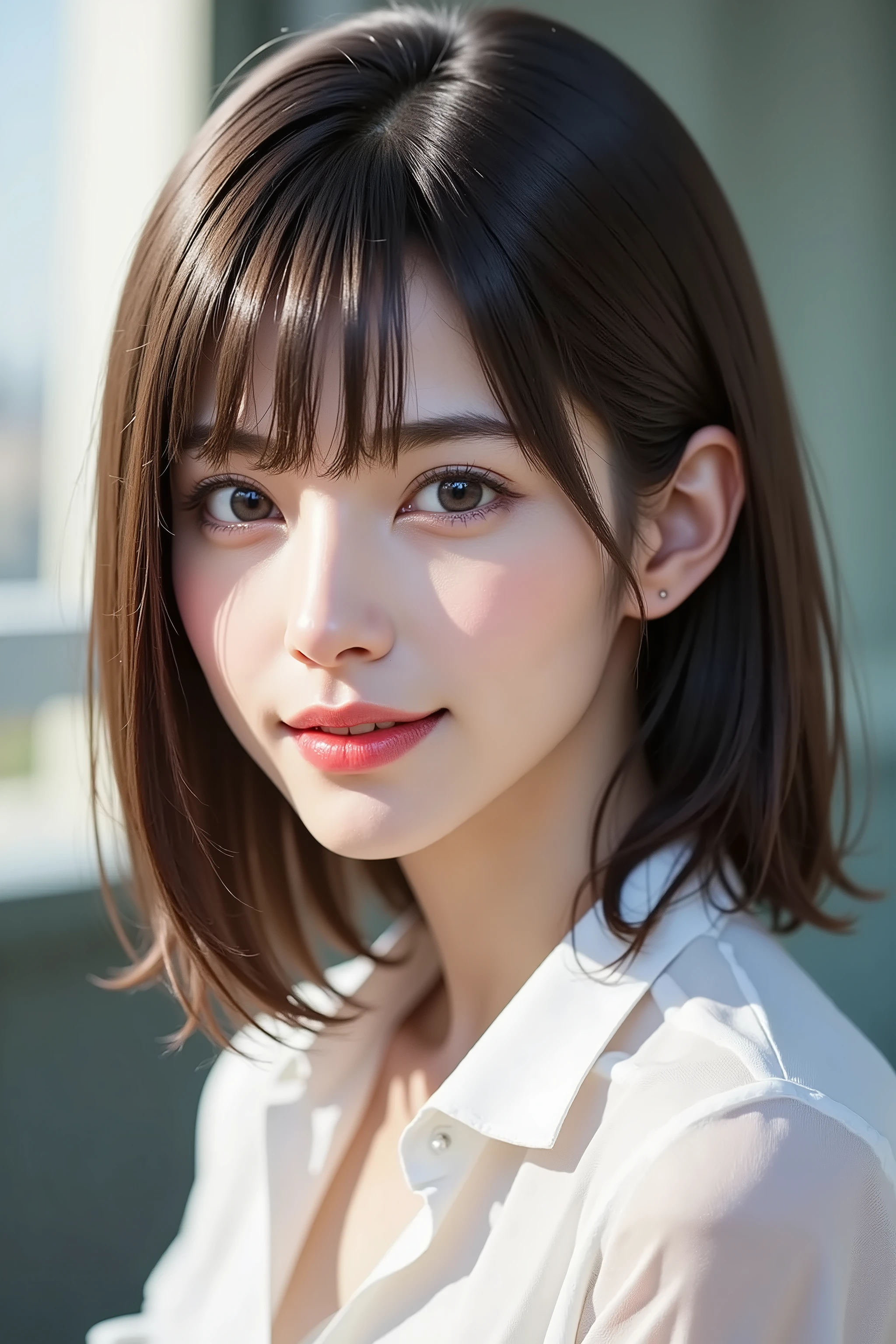 Side angle, close-up face, bust-up shot, office lady, looking at viewer, clear makeup, bangs, in the office, full light, masterpiece