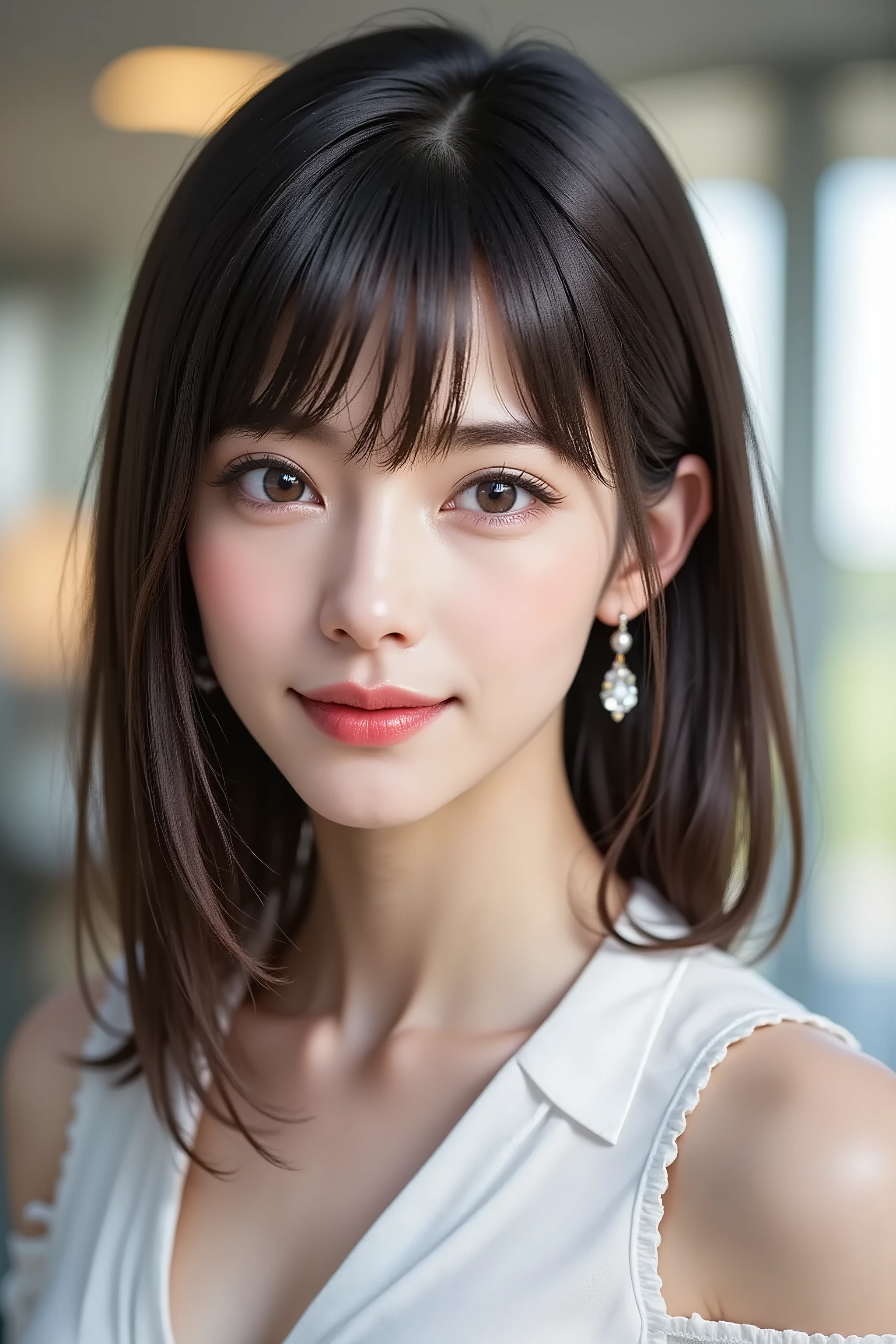 Side angle, close-up face, bust-up shot, office lady, looking at viewer, clear makeup, bangs, in the office, full light, masterpiece