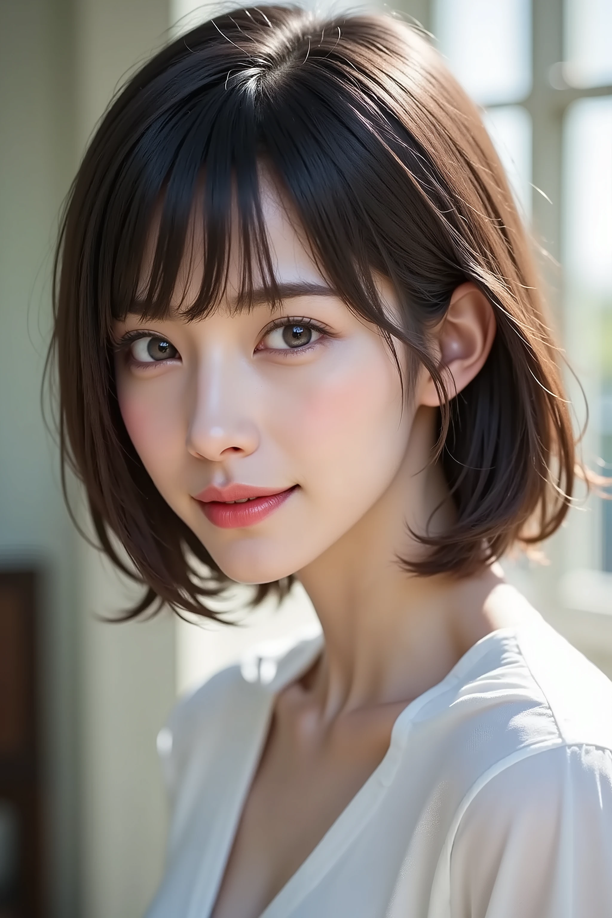 Side angle, close-up face, bust-up shot, office lady, looking at viewer, clear makeup, bangs, in the office, full light, masterpiece