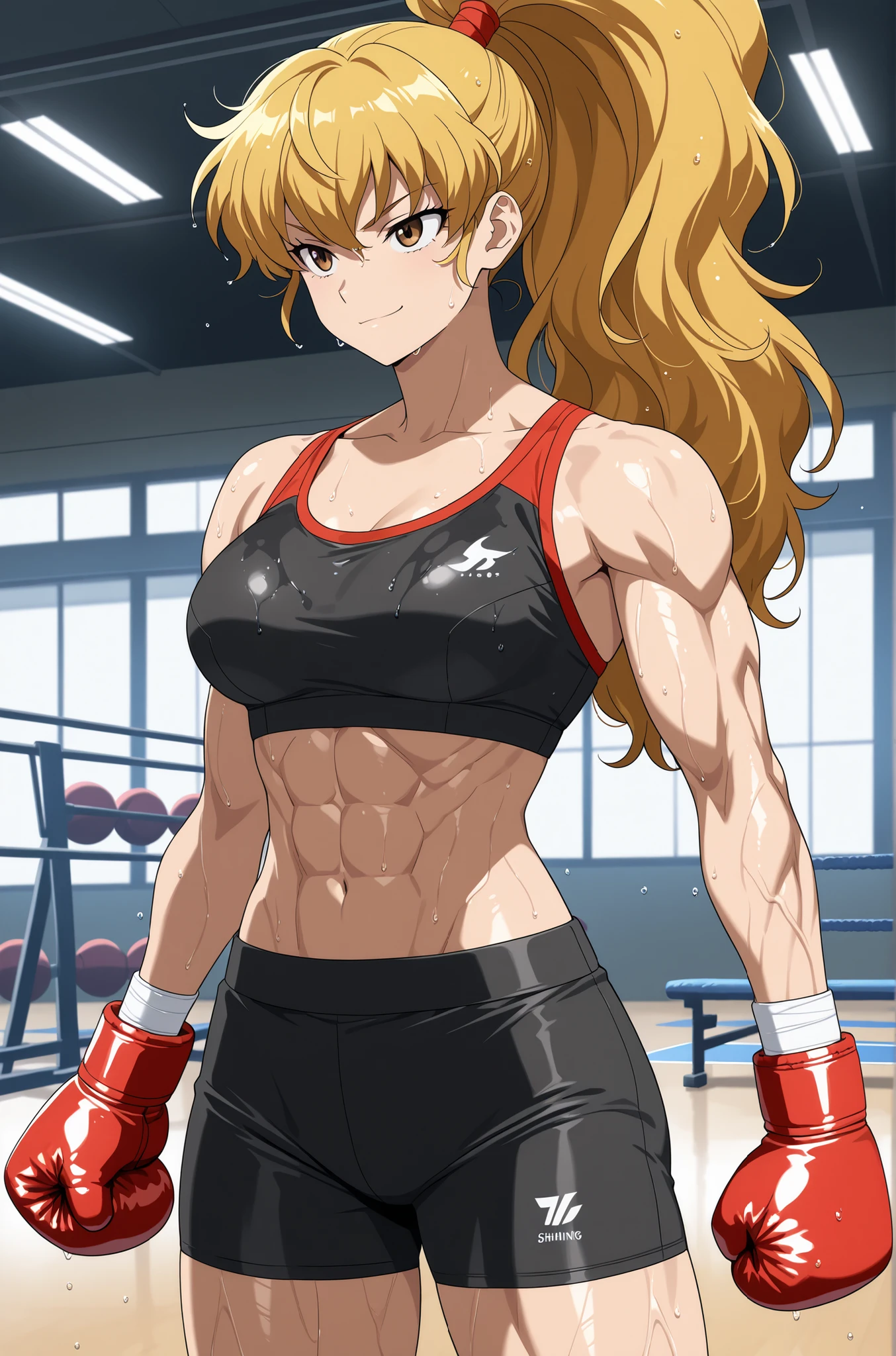 1girl, genryuusai maki, high ponytail, blonde hair, brown eyes,medium , anime screencap, anime coloring,long hair,
muscular,black tight sport bra and black tight sport Elastic shorts,cowboy shot, , wet,gym,
,masterpiece,best quality,amazing quality,,muscles,dynamic air,handsome face,Shining abs and shoulders,Barefoot, sporting attractiveness  attractiveness ,light smirk, tall body,boxing gloves