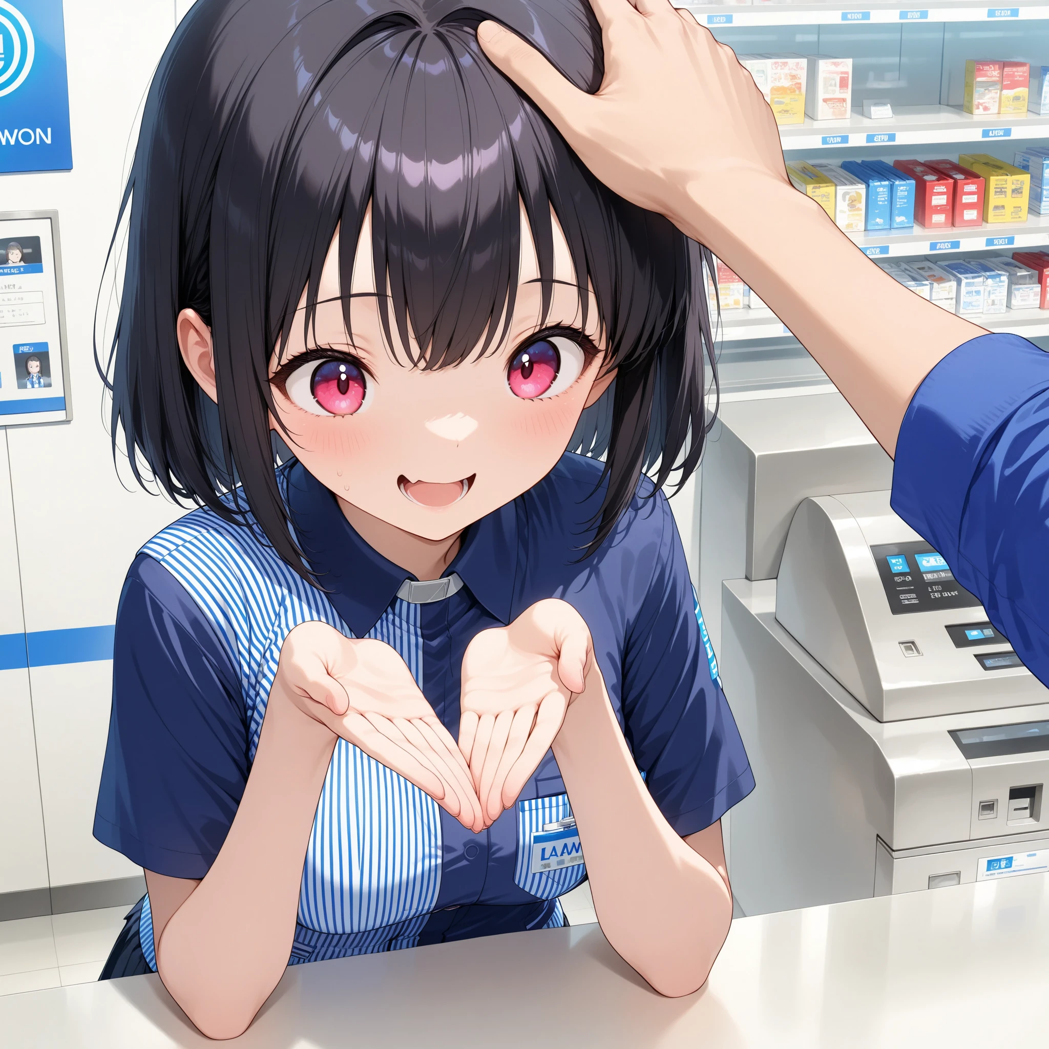 4K，One Girl, MS. end，thin，Very short stature，Very thin thighs，Blunt bangs，Short dress shirt, Half sleeves，Red Suspender ，blush, smile, Bobcut, Black Hair，Vibrant colors, ，A lot of  drips down her thighs onto the floor，(remote_play))，remote-vibrating-egg，((Someone else's hand holding a pink round remote control:1.3))、Ecstatic expression，Accurate and detailed female fingers，