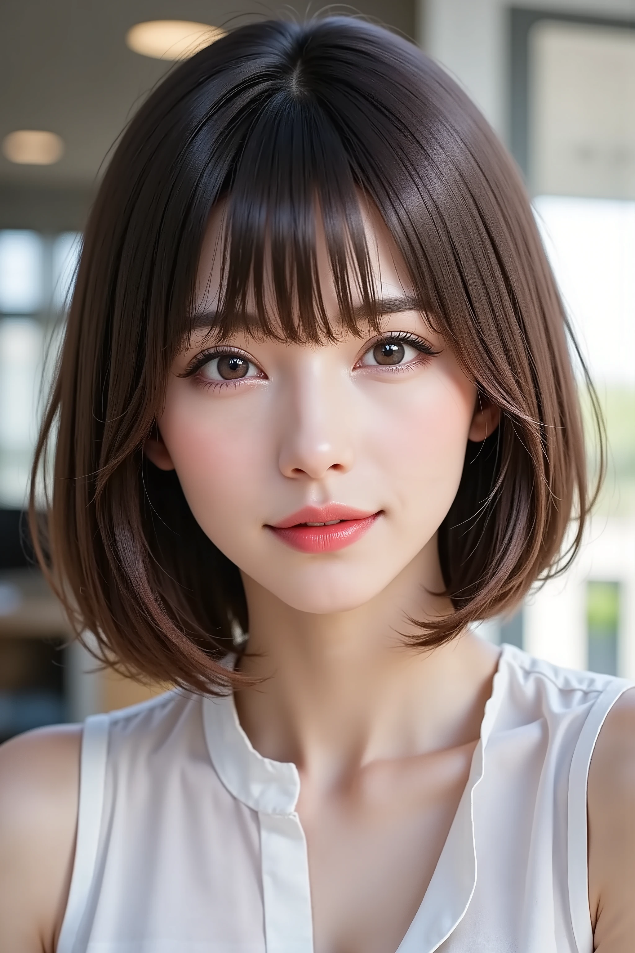 Side angle, short bob, bust-up shot, office lady, looking at viewer, clear makeup, bangs, in the office, full light, masterpiece