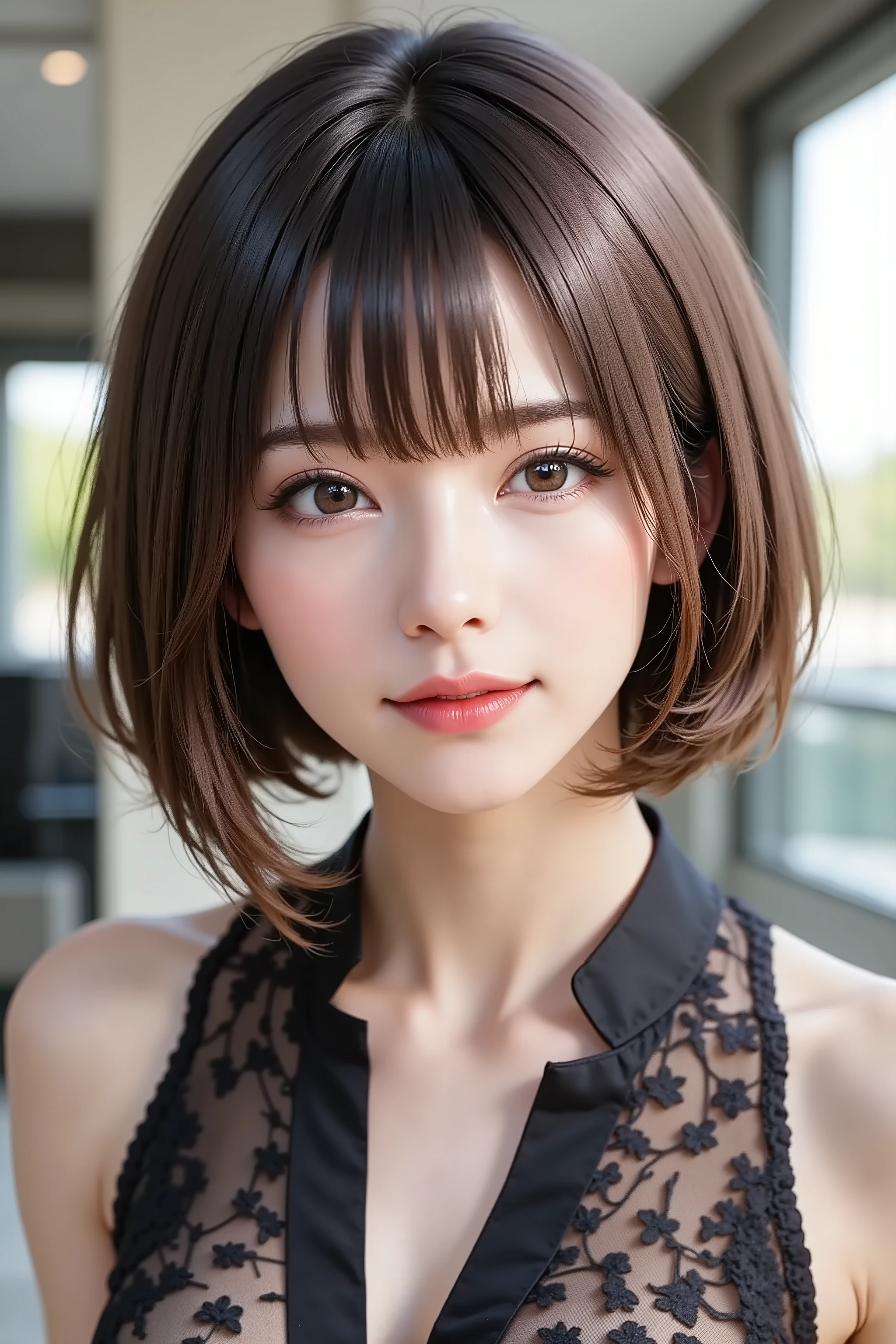 Side angle, short bob, bust-up shot, office lady, looking at viewer, clear makeup, bangs, in the office, full light, masterpiece