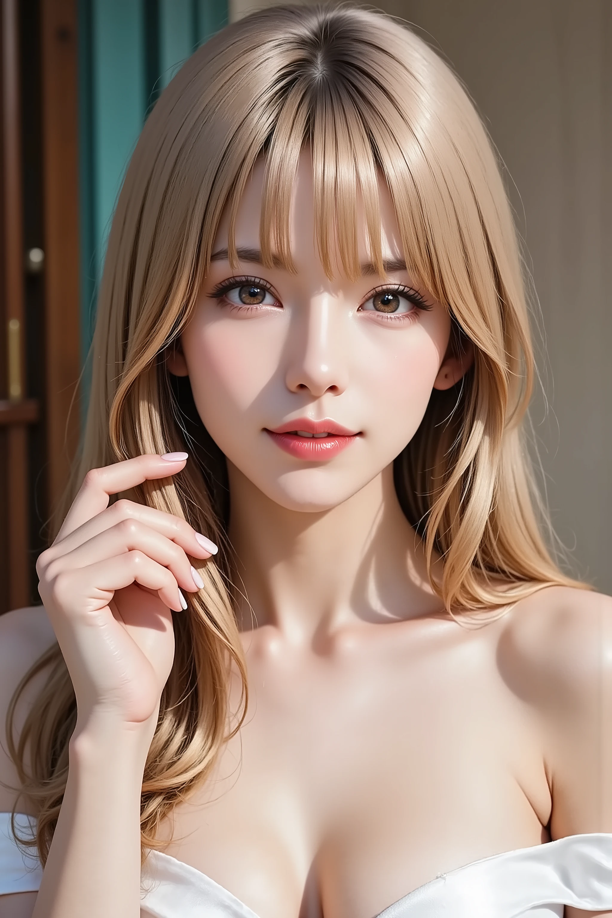 An enchanting solo woman in her 30s, depicted in a sophisticated realistic style. She has lustrous, long golden-blonde hair flowing elegantly with bangs. She wears alluring, refined makeup with defined eyes and glossy nude-pink lips. She has natural and correct anatomy, ensuring exactly five fingers on each perfectly rendered hand, all beautifully manicured. She is dressed in a luxurious, off-shoulder silk top that subtly reveals her collarbones. She makes an alluring hand gesture, her manicured fingers delicately tracing or running through a strand of her long blonde hair near her face. She looks directly at the viewer with a confident, mesmerizing gaze and profound mature charm. Shot at eye-level, chest-up portrait.