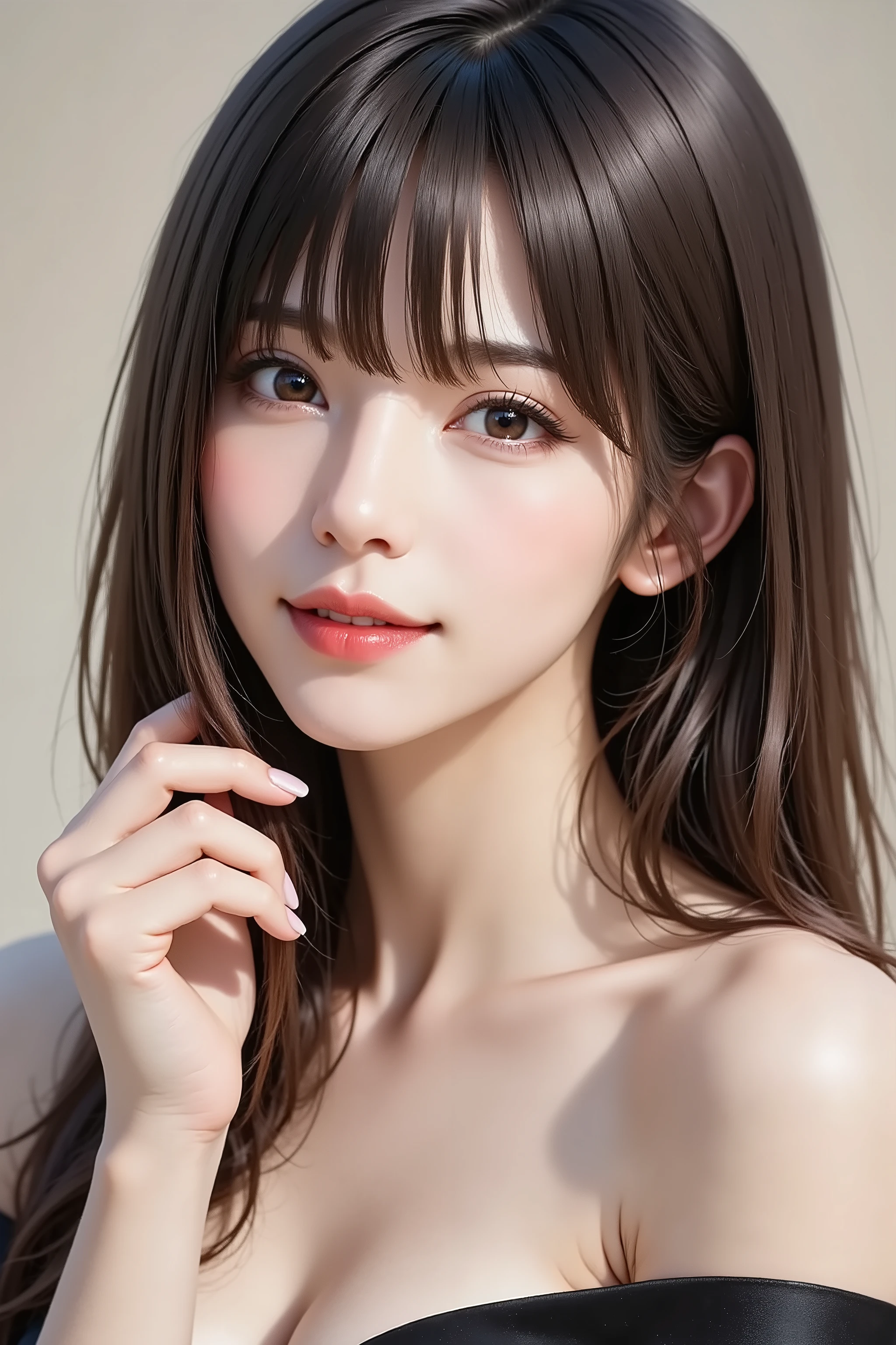 An enchanting solo woman in her 30s, depicted in a sophisticated realistic style. She has lustrous, long black hair flowing elegantly with bangs. She wears alluring, refined makeup with defined eyes and glossy nude-pink lips. She has natural and correct anatomy, ensuring exactly five fingers on each perfectly rendered hand, all beautifully manicured. She is dressed in a luxurious, off-shoulder silk top that subtly reveals her collarbones. She makes an alluring hand gesture, her manicured fingers delicately tracing or running through a strand of her long blonde hair near her face. She looks directly at the viewer with a confident, mesmerizing gaze and profound mature charm. Shot at eye-level, chest-up portrait.